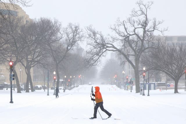 <p>A man on skis crosses a street near the National Mall as snow falls in Washington, DC, on January 25, 2026. </p>