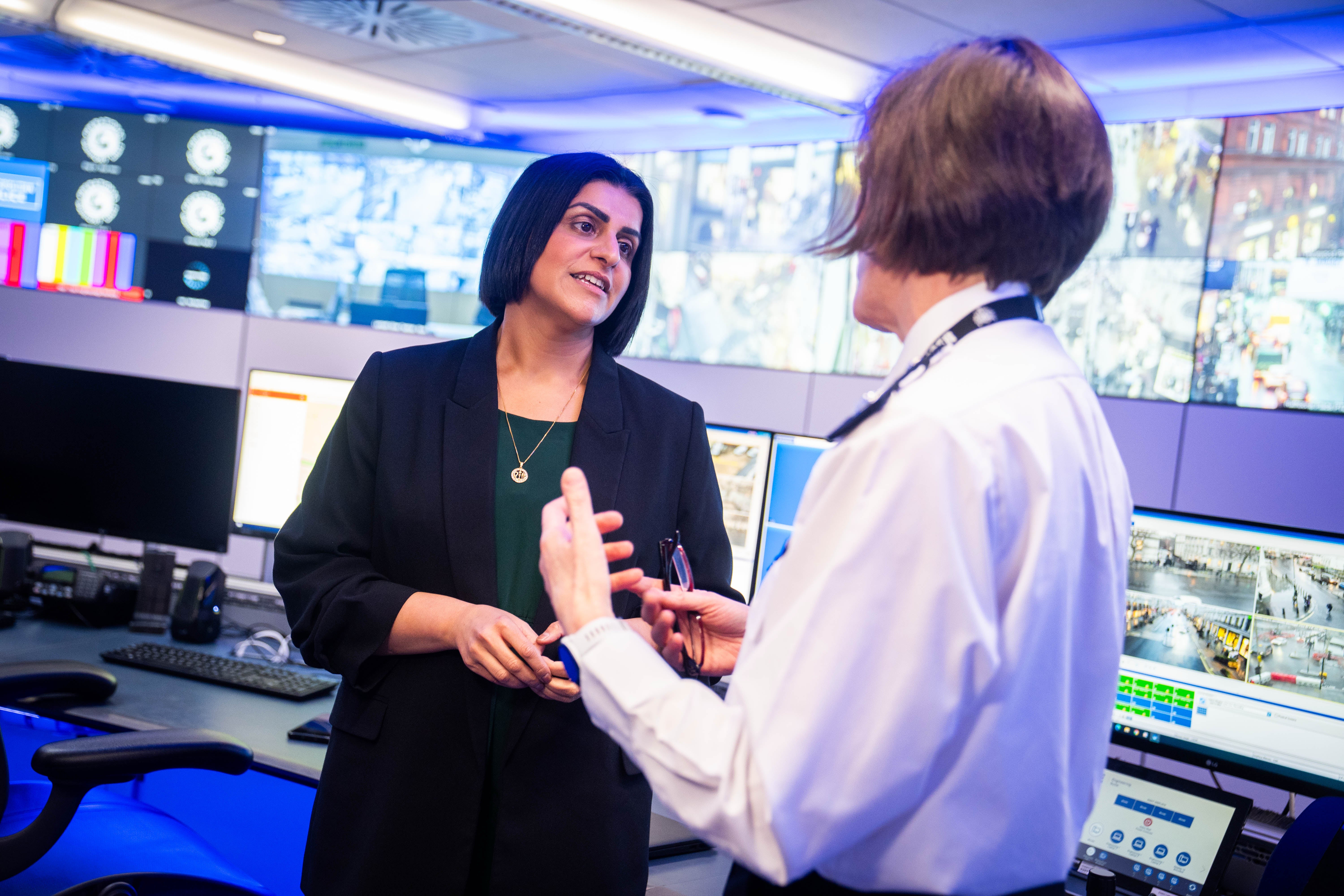 <p>Home secretary Shabana Mahmood during a tour of the Lambeth Central Communications Command Centre, south London</p>