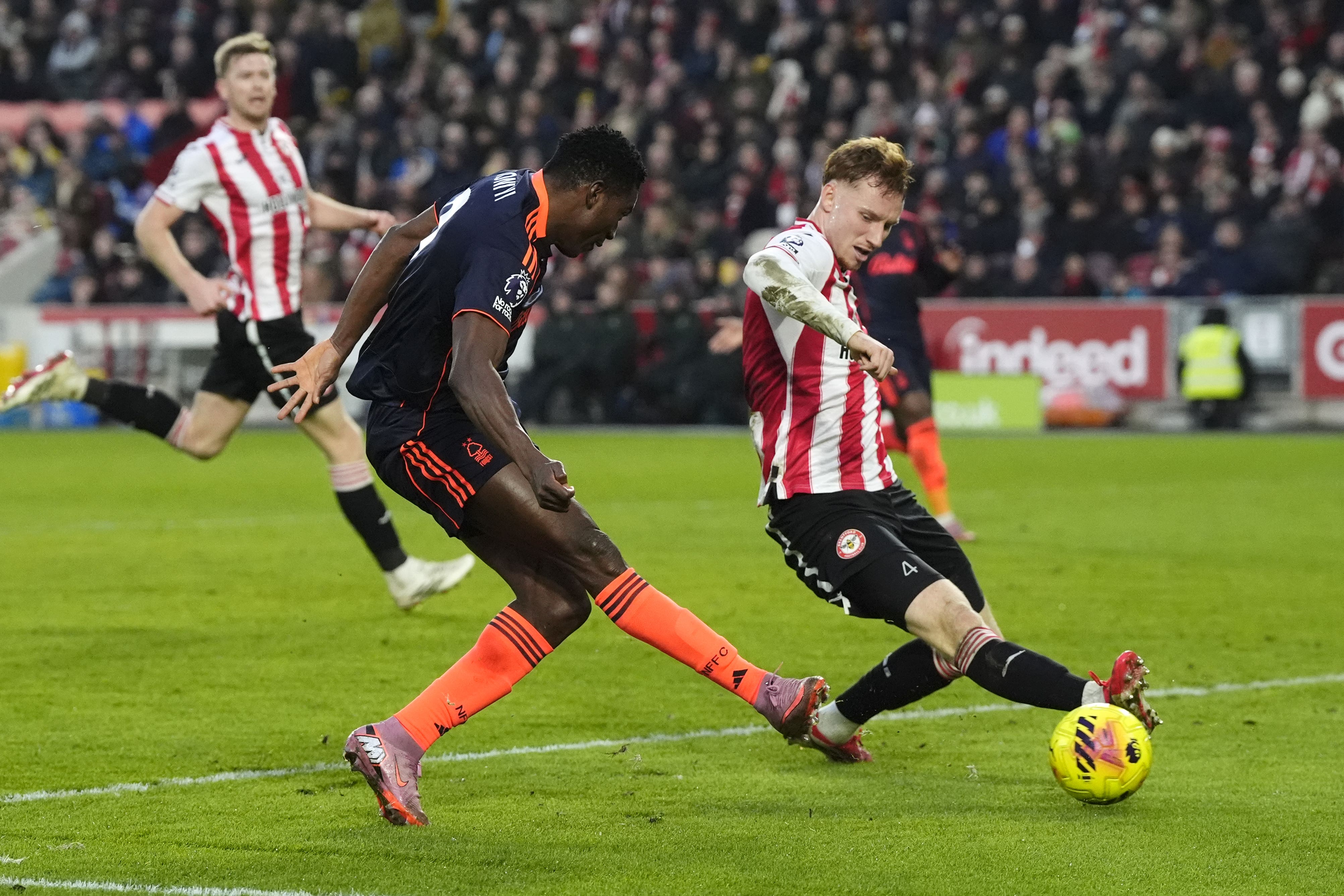 Taiwo Awoniyi scores Forest’s second goal at Brentford (Nick Potts/PA)