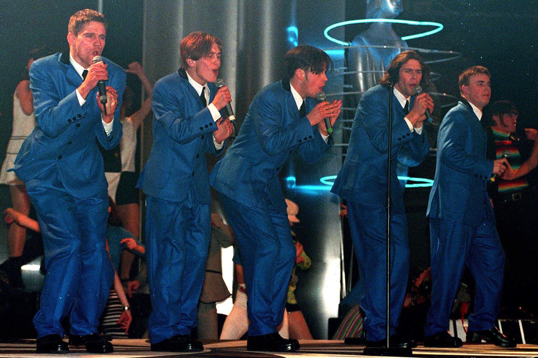 Take That perform on stage at the Brit Awards after collecting the Best Single by a British Act and Best Video, 14 February 1994