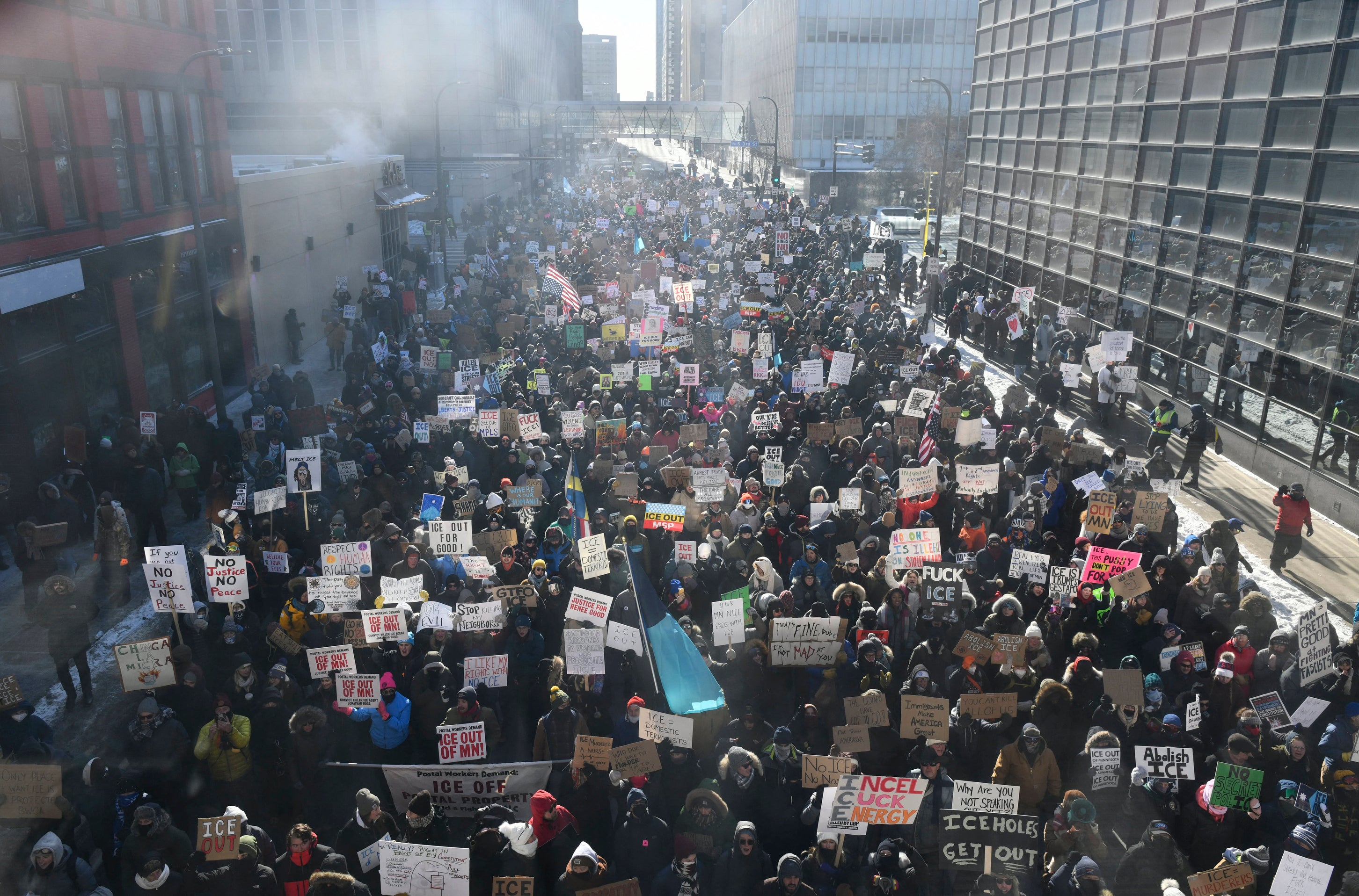 Hundreds of protesters gathered in downtown Minneapolis Sunday, despite bitter cold temperatures, to protest federal immigration agents in the city