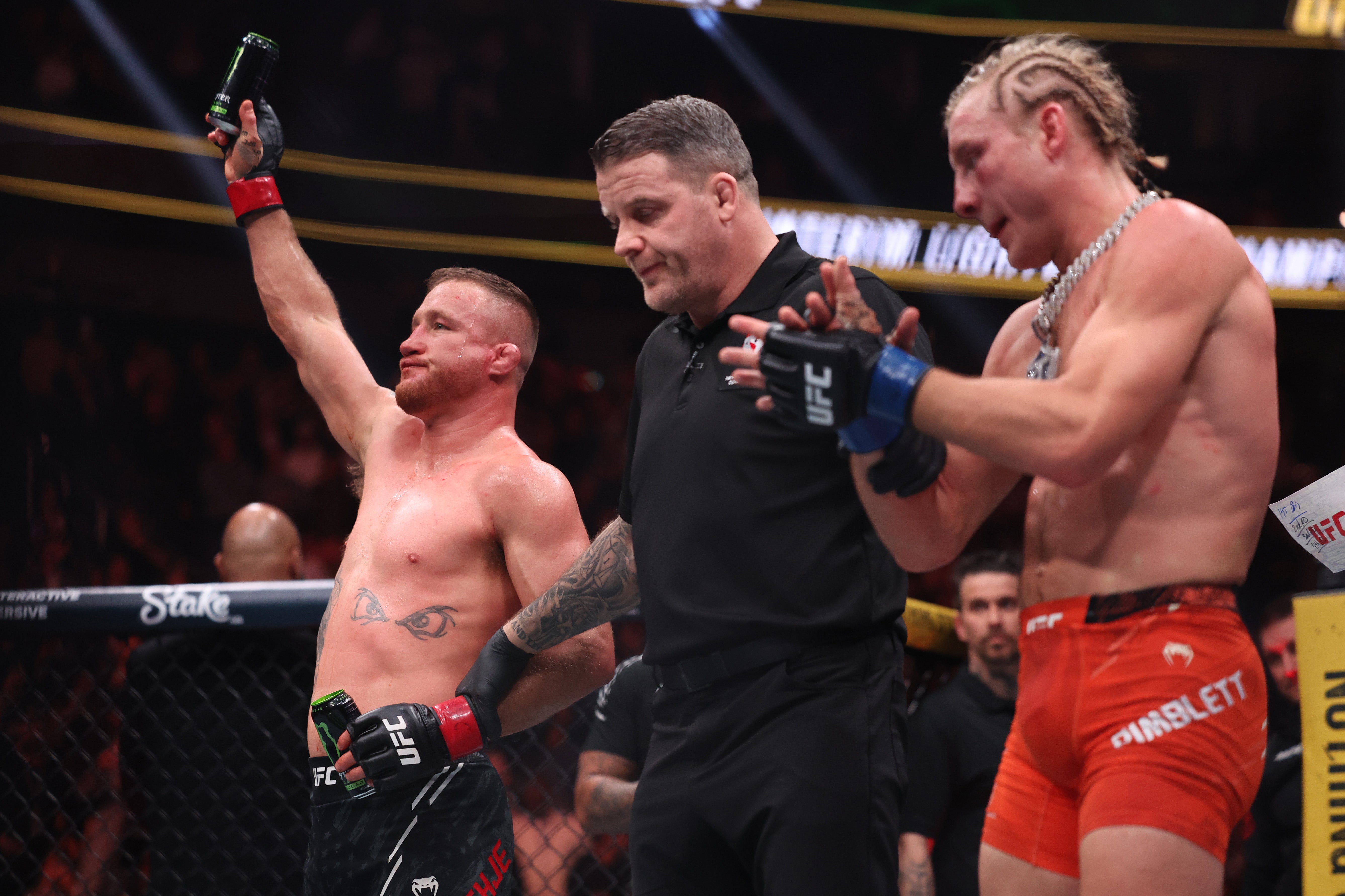 <p>Paddy Pimblett (right) after his decision loss to Justin Gaethje</p>
