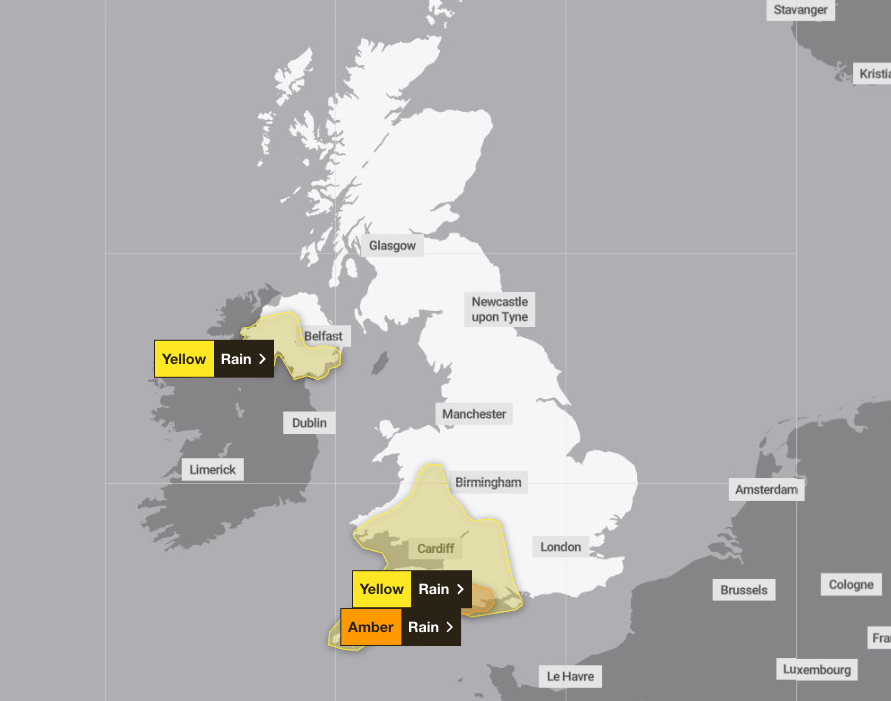 Three weather warnings were issued for Monday, with yellow warnings in place for rain in Northern Ireland, London and south east England, south west England, Wales, and the West Midlands. An additional amber warning was issued for South west England