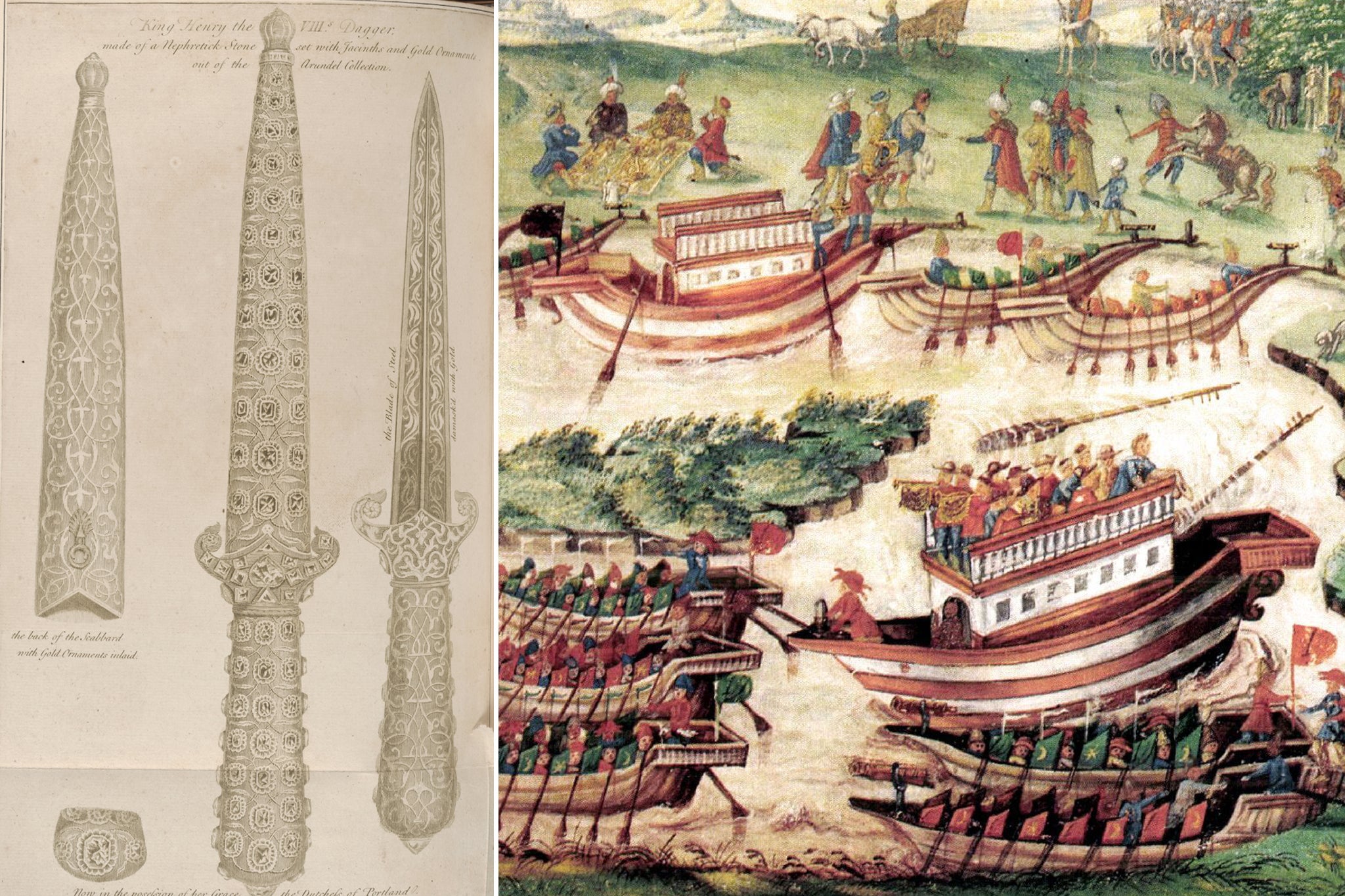 Left: Drawings, made in 1790, of the mysterious 16th century diamond-and-ruby-encrusted dagger and scabbard which were stolen in 1946. Strawberry Hill House, where the current exhibition is being held, is now appealing for information on the stolen dagger's current whereabouts