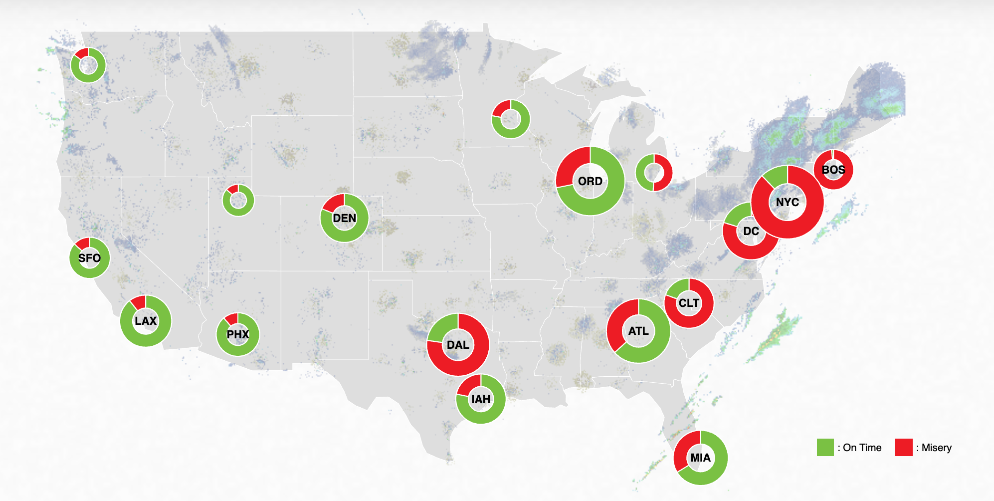 FlightAware's "Misery Map" shows the extent of flight cancelations on Monday morning.