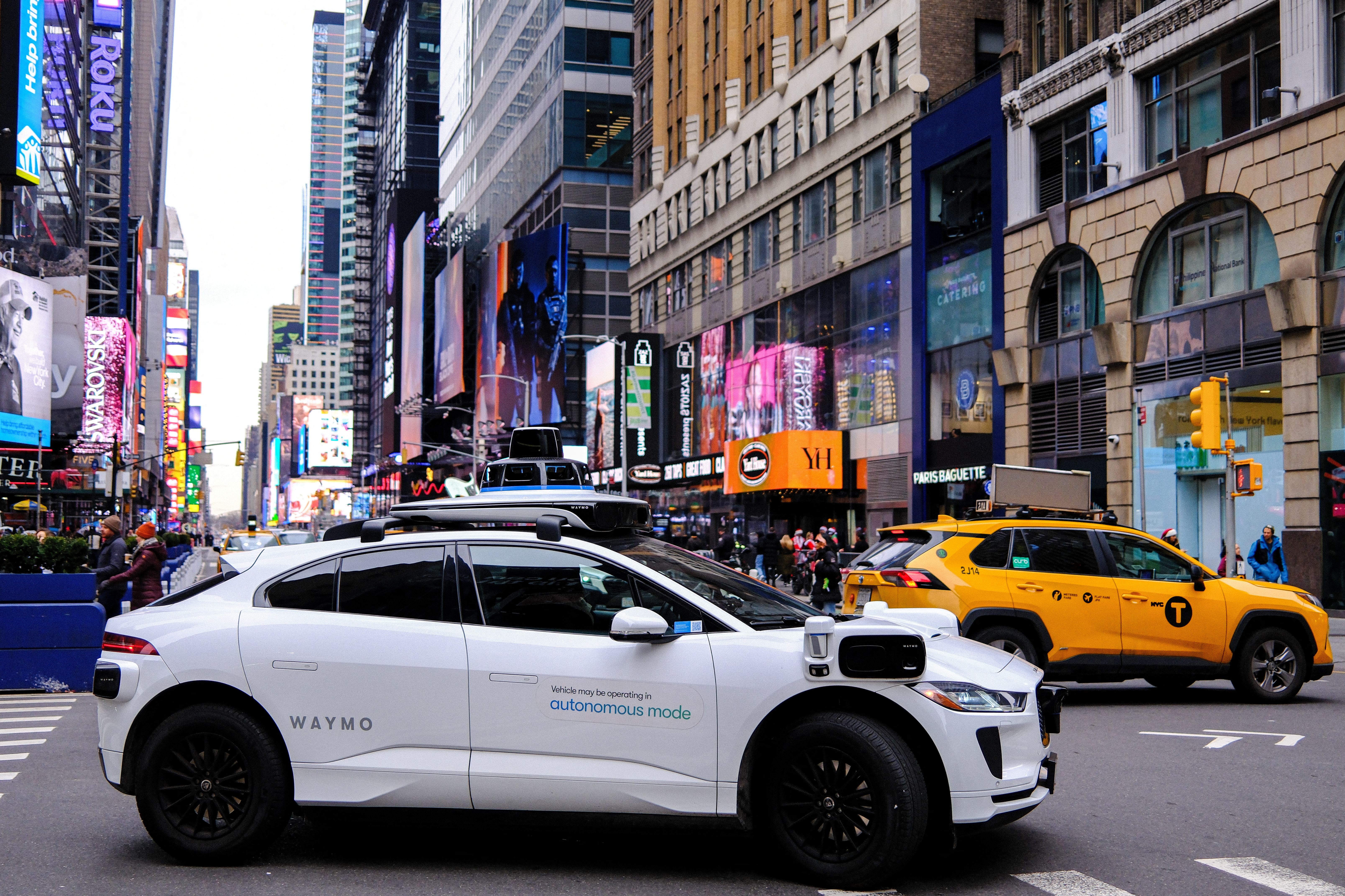 <p>A Waymo autonomous self-driving electric vehicle in Manhattan on December 13, 2025. Self-driving taxis have not been implemented in New York City but former mayor Eric Adams did allow for a limited testing program</p>