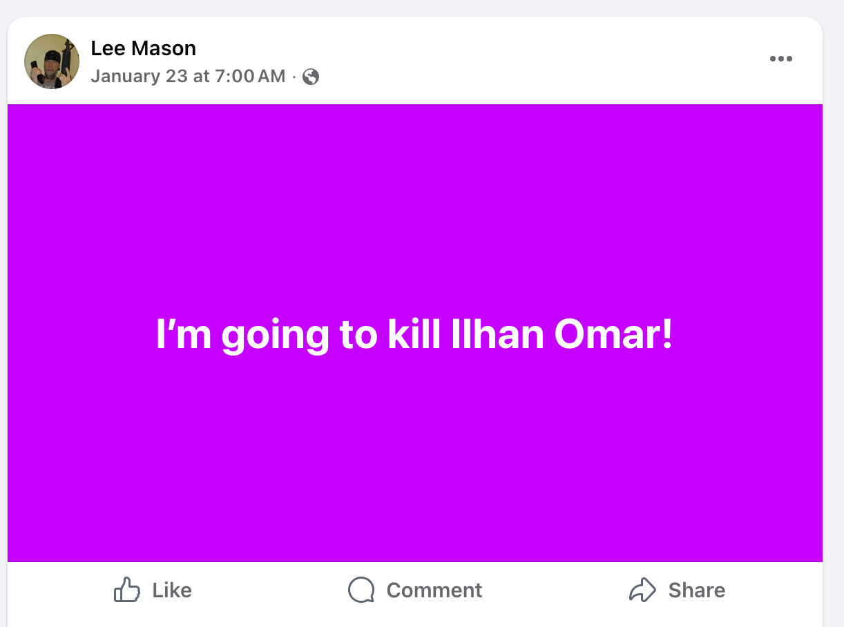 MAGA fan Adam Lee Osborn posted death threats to Facebook under a pseudonym, claiming he was going to kill Democratic Rep. Ilhan Omar, according to the feds