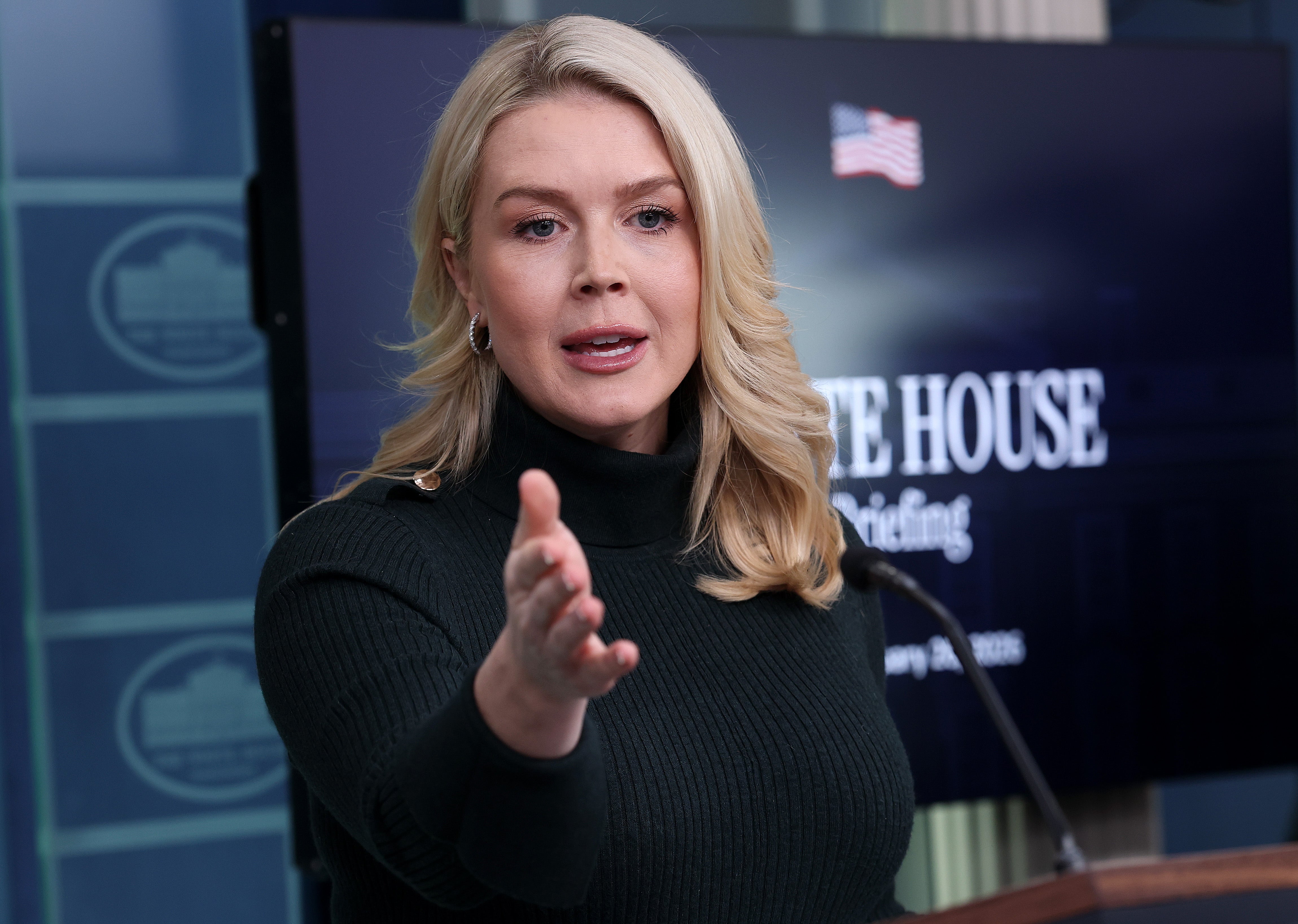 White House press secretary Karoline Leavitt speaks at a press conference on Monday, January 26, where she attempted to distance President Trump from claims that Pretti had been a “domestic terrorist”.