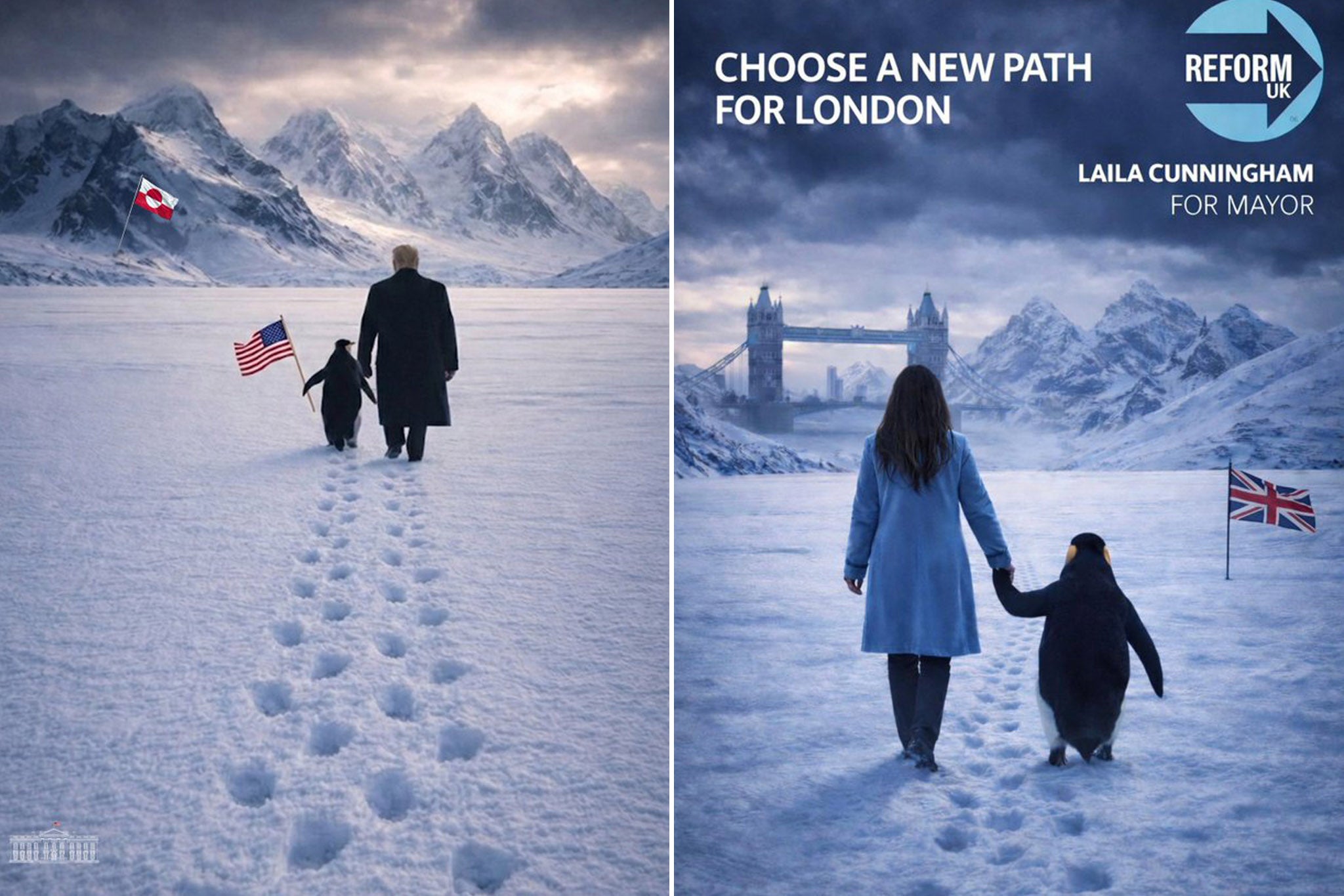 The AI-generated image of Donald Trump the White House posted, left, which appears to have inspired Laila Cunningham to post a similar picture, right