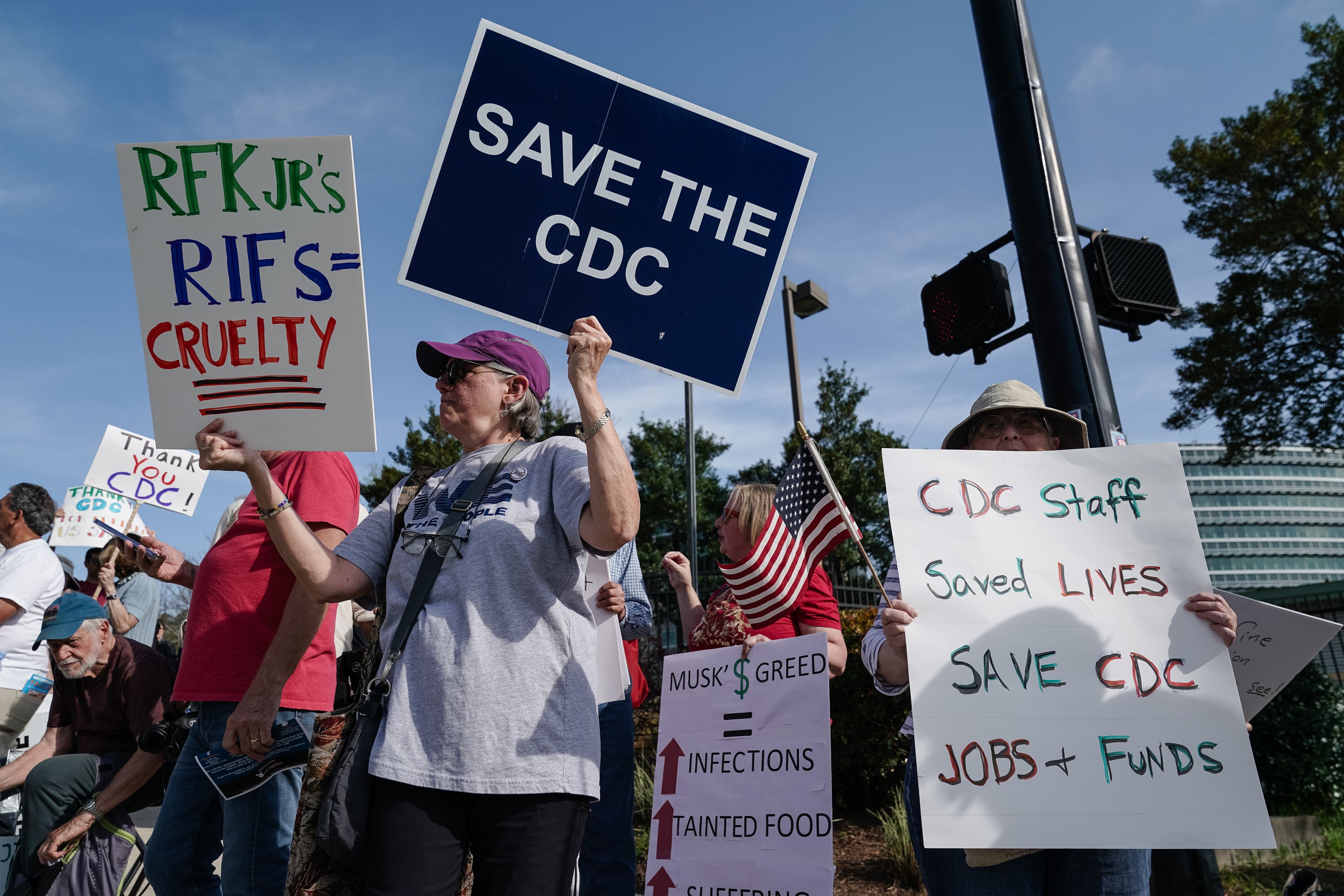 <p>People demonstrate outside the main campus of the Centers For Disease Control and Prevention in Atlanta, Georgia, in April 2025. Researchers say an audit shows nearly half of the agency’s federal health surveillance databases had unexplained pauses in updates starting under Secretary Robert F. Kennedy, Jr.</p>