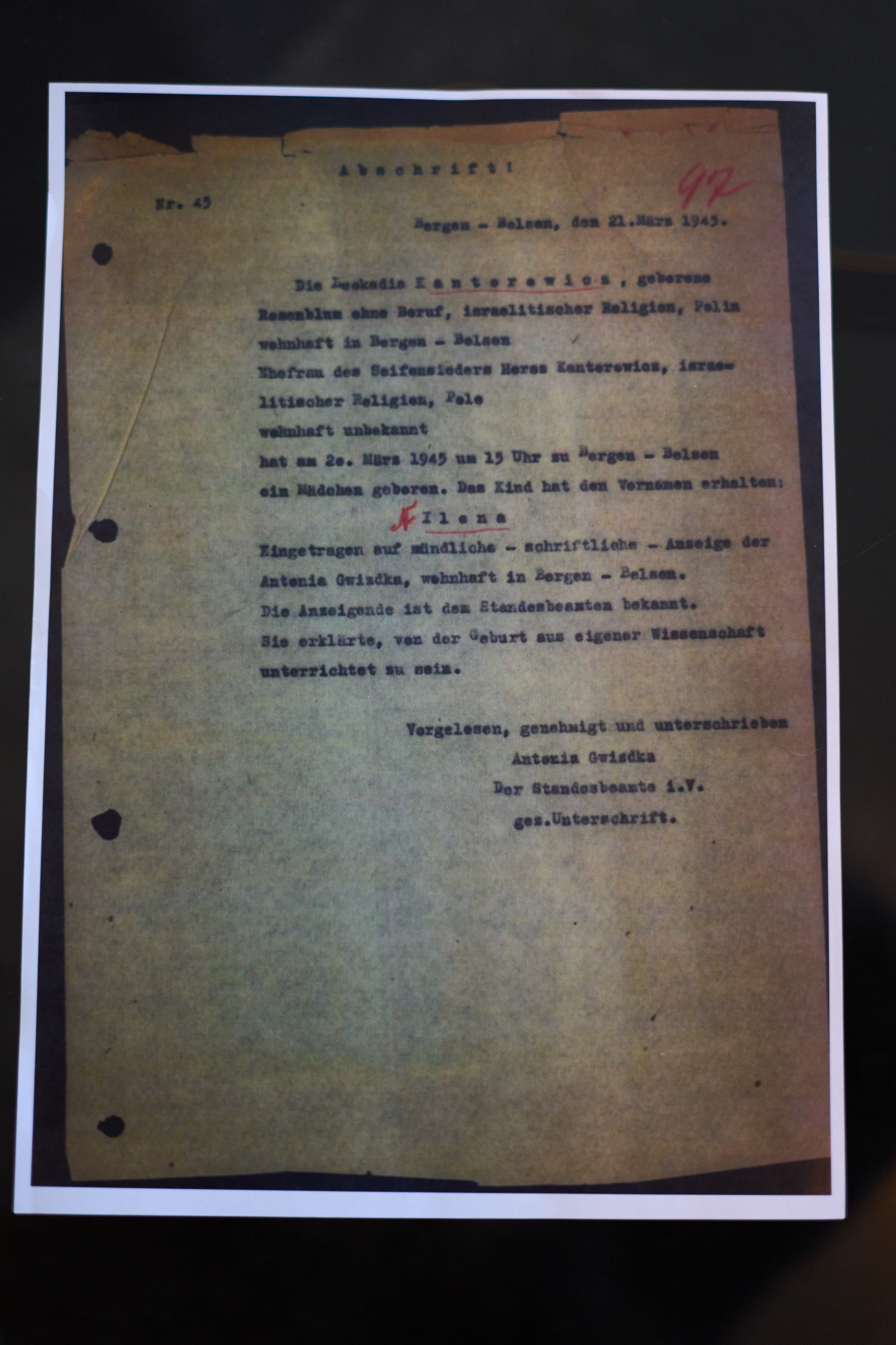 A Photo of the birth certificate of Holocaust survivor Ilana Shalem-Kantorowics, born in the Nazi Bergen-Belsen concentration camp in 1946.