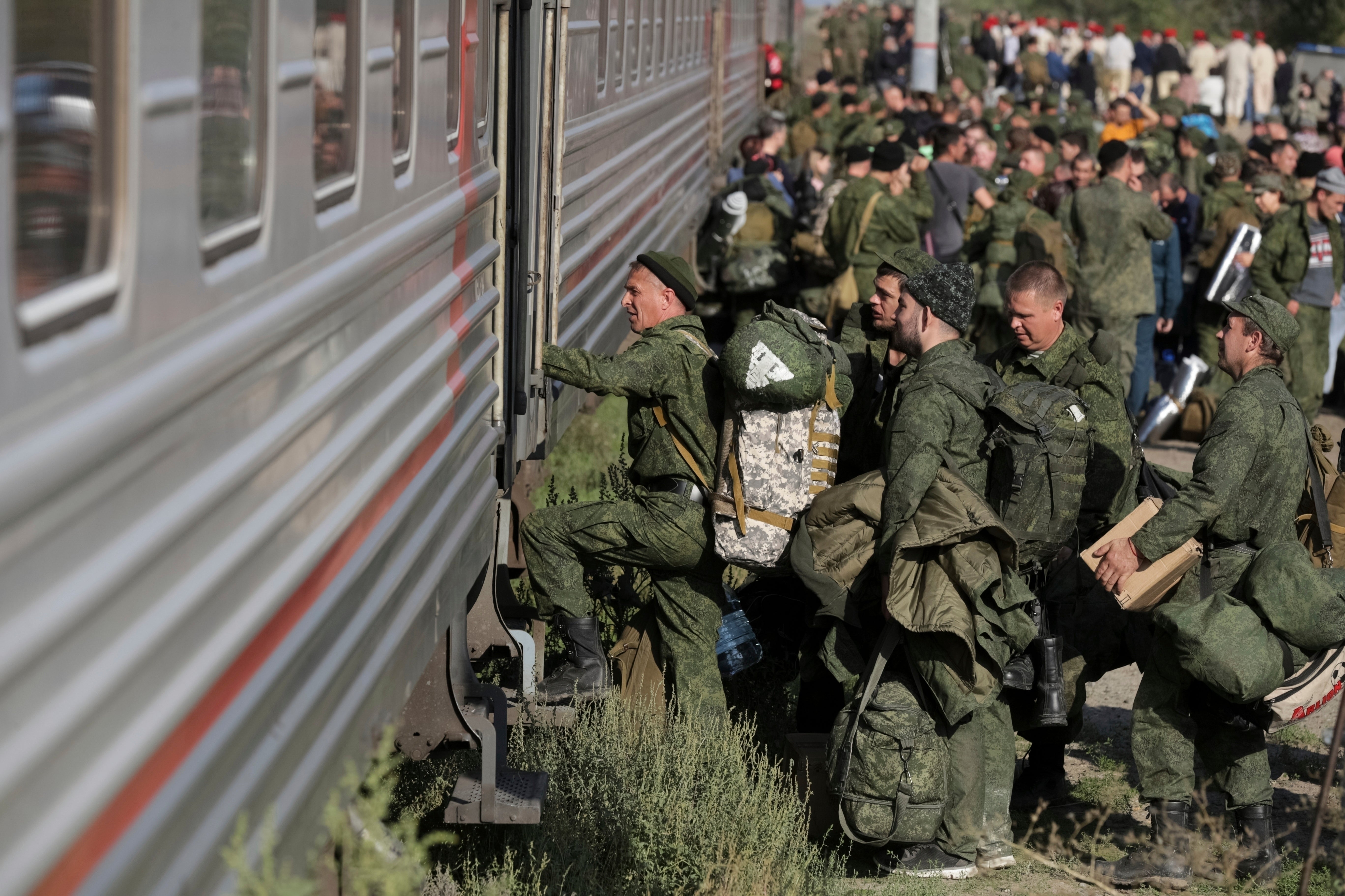 Russian recruits take a train at a railway station in Prudboi in the Volgograd region of Russia, Sept. 29, 2022. (AP Photo, File)