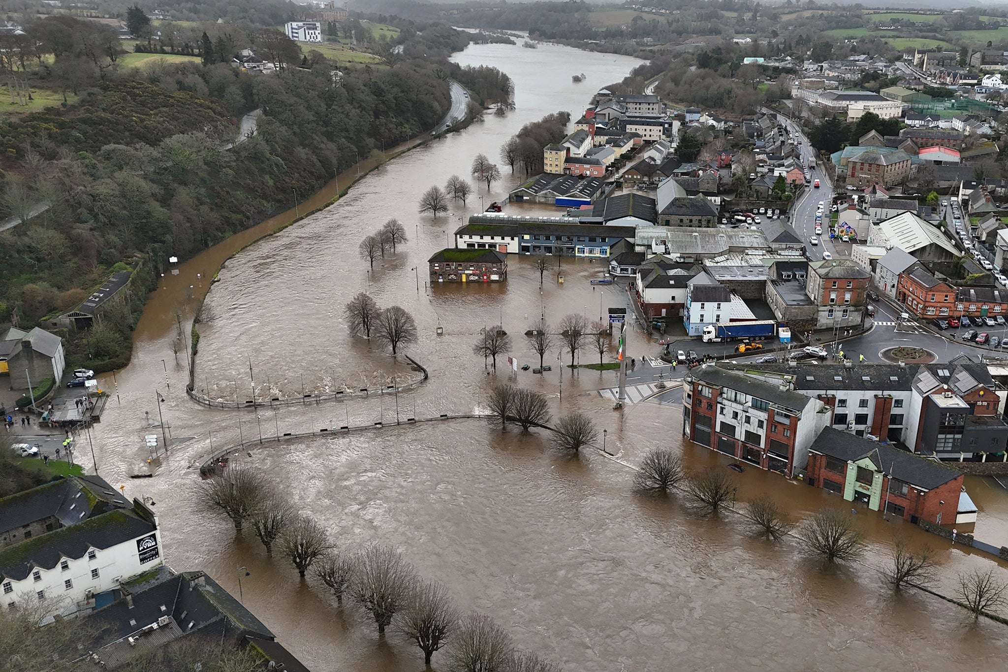 The River Slaney bursts its banks in Enniscorthy, Co Wexford