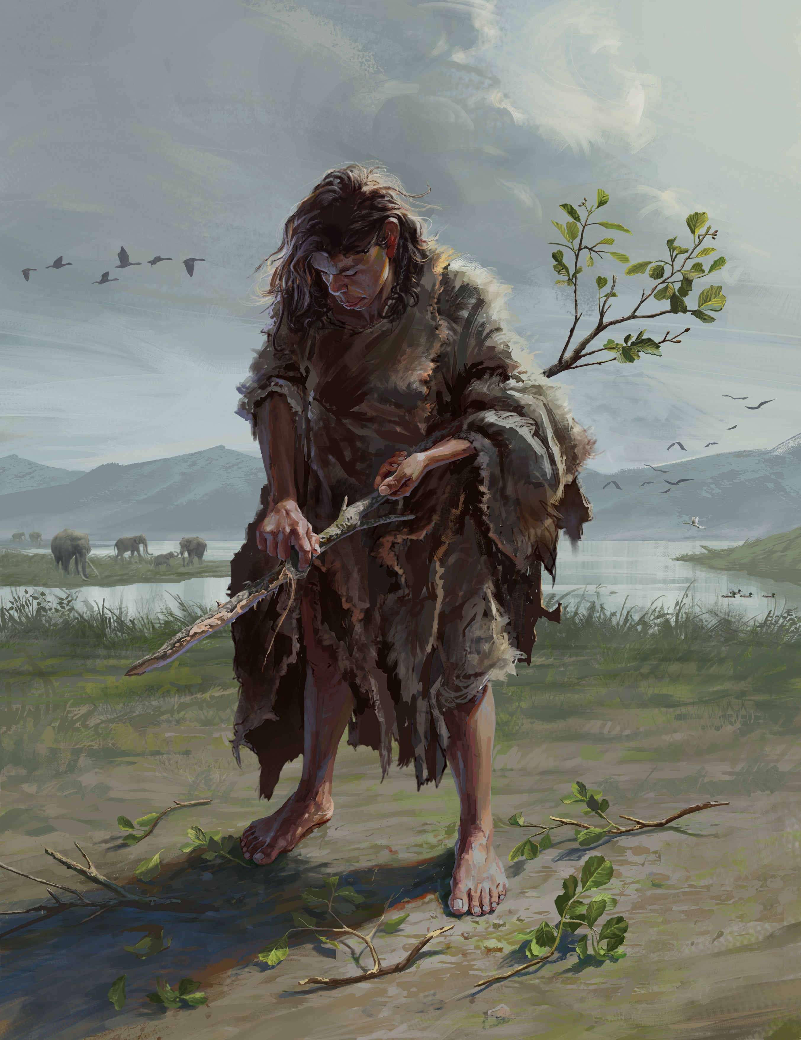 An artist's impression of a woman from the Middle Pleistocene shaping a stick similar to the one found at the Marathousa 1 site
