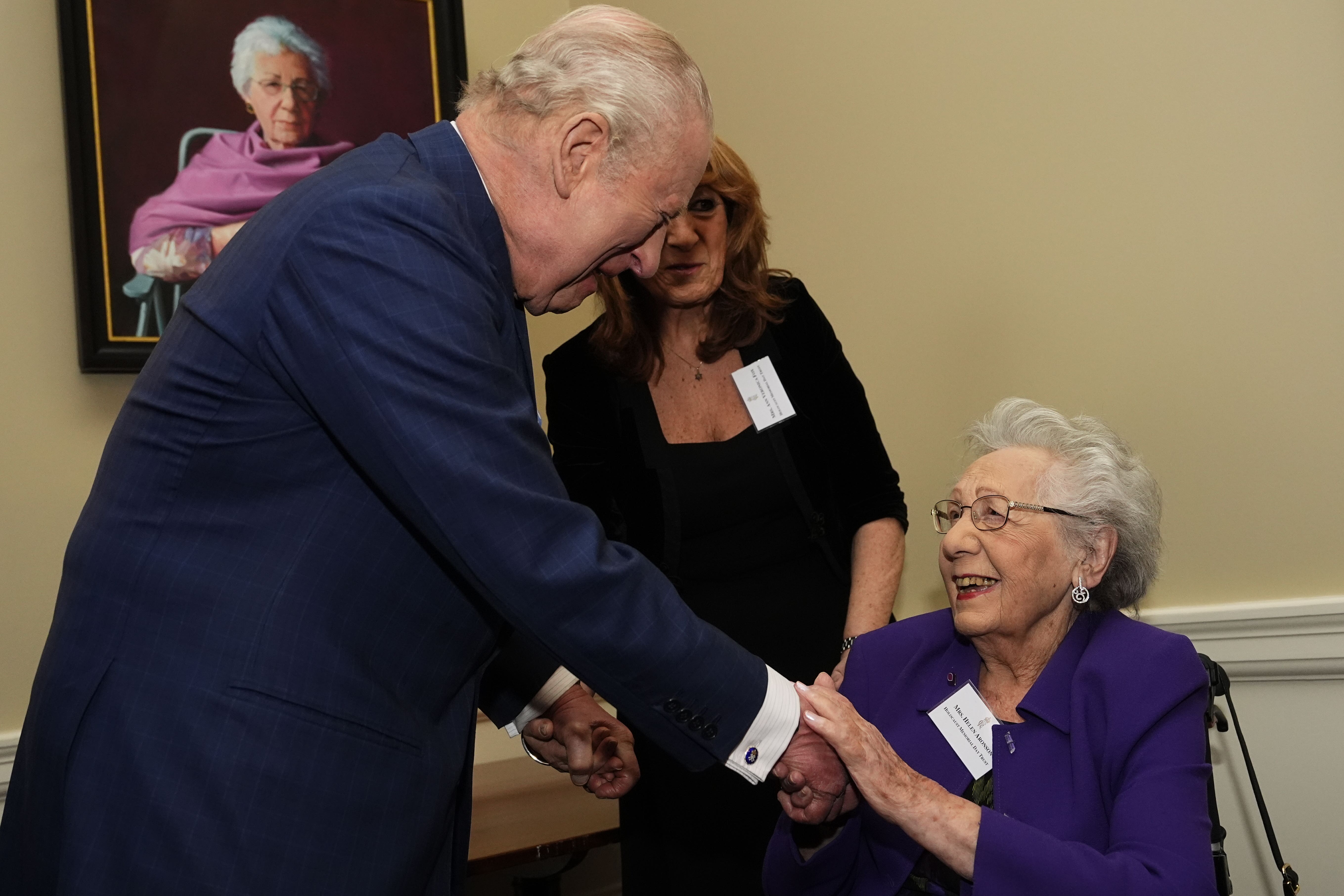 The King spoke with Holocaust survivor Helen Aronson during a reception at Buckingham Palace in London to mark Holocaust Memorial Day (Aaron Chown/PA)