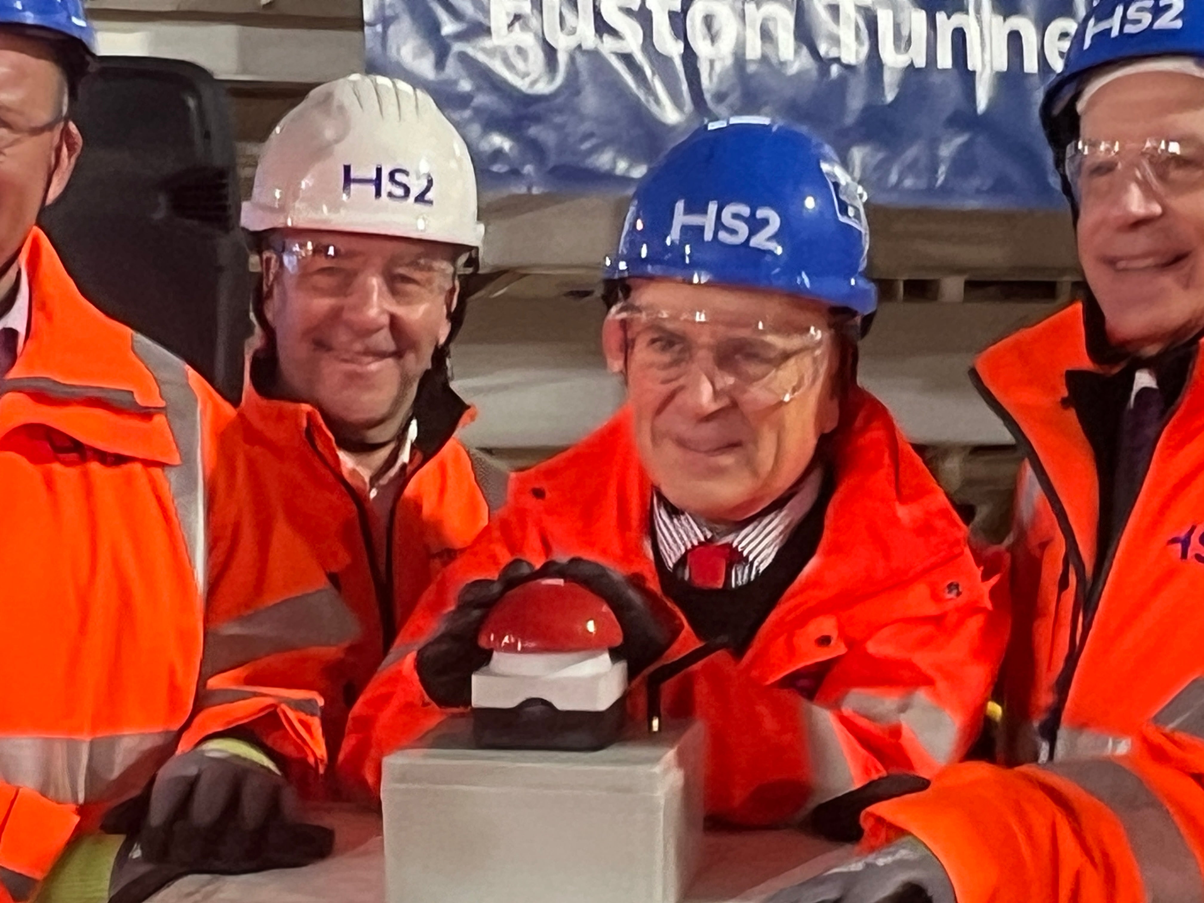 Red to go: Mark Wild, chief executive of HS2 (left) and rail minister Lord Hendy at the ceremony to begin the last stretch of tunnelling to London Euston
