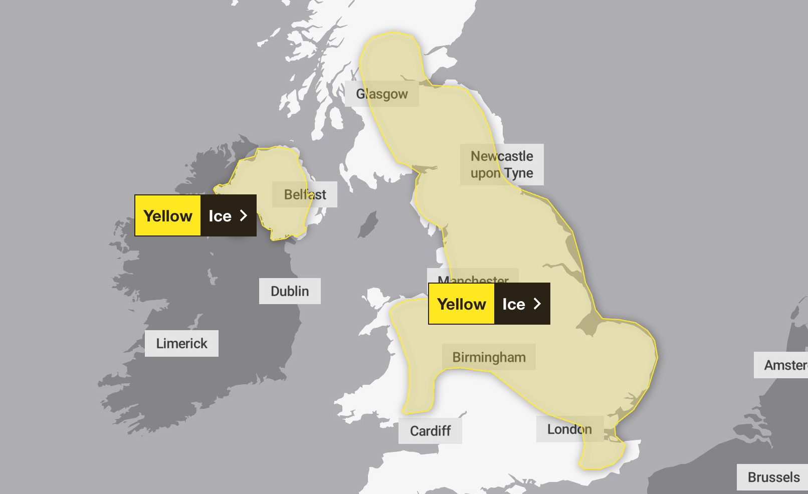 An ice warning is in place across several parts of the UK on Wednesday