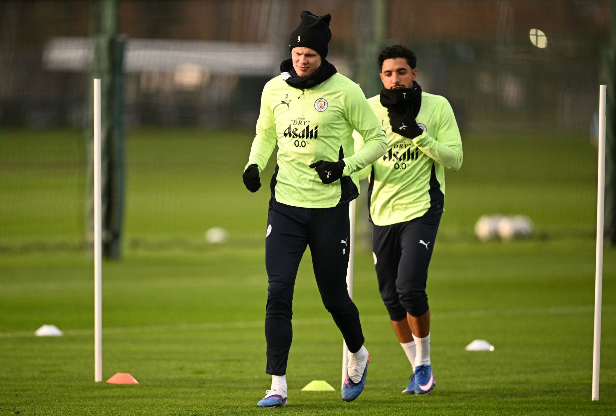 Manchester City's Erling Haaland and Omar Marmoush take part in a training session