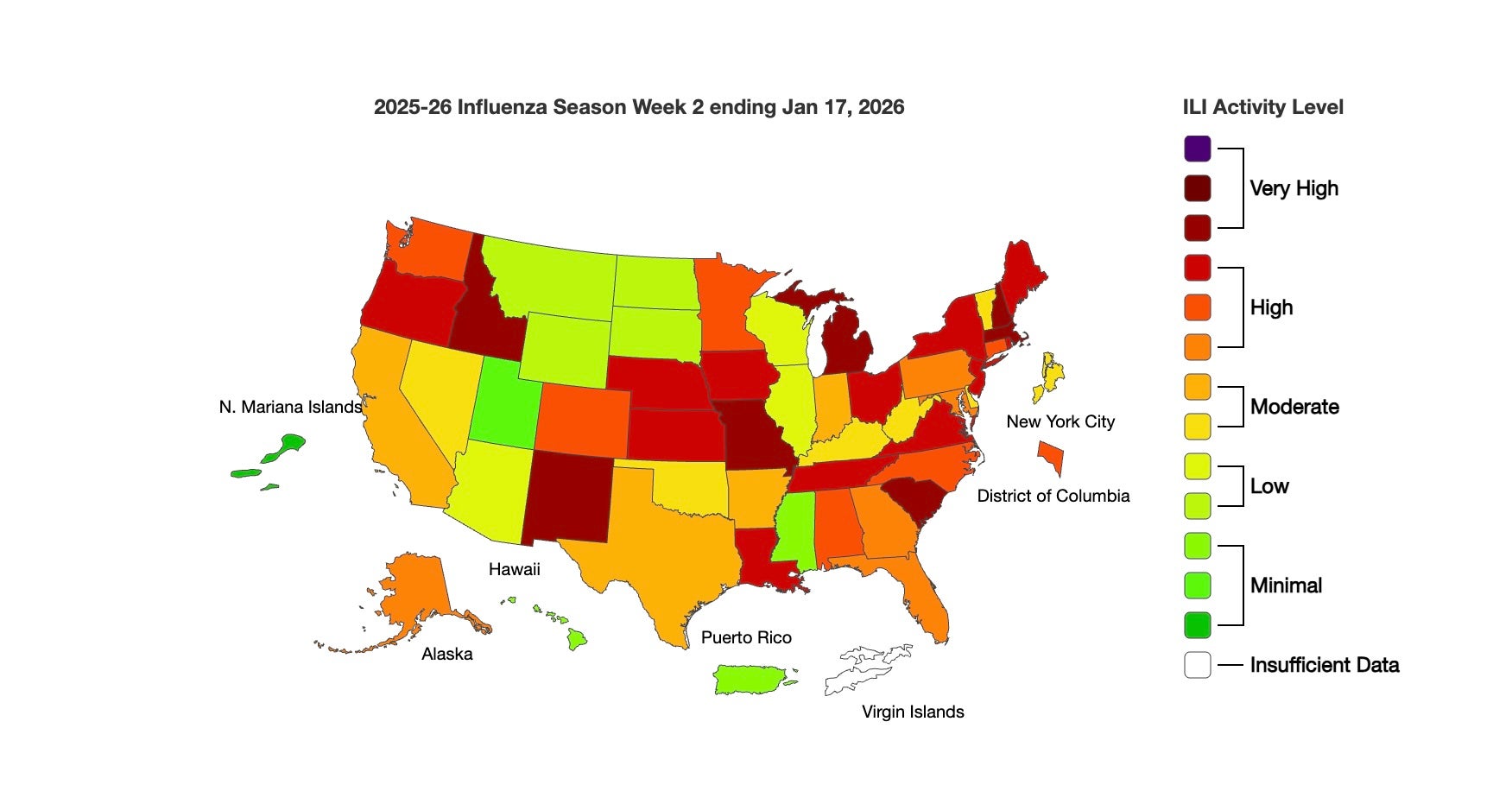 A CDC map of flu activity in the U.S. between January 10-17, 2026, shows states with very high activity levels in the darkest red and low-to-minimal levels in green