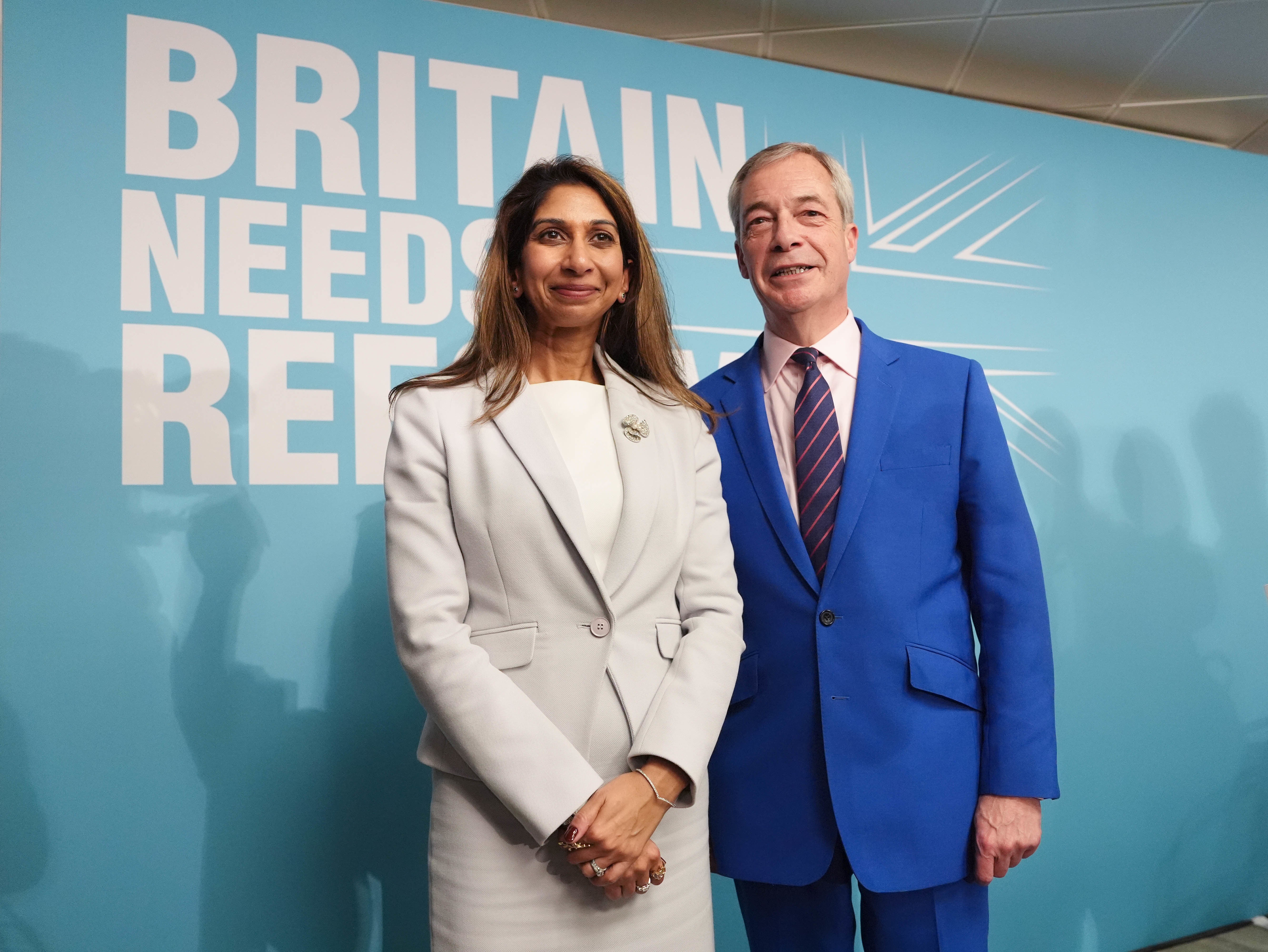 Suella Braverman and Reform UK Party leader Nigel Farage after her defection from the Conservatives this week