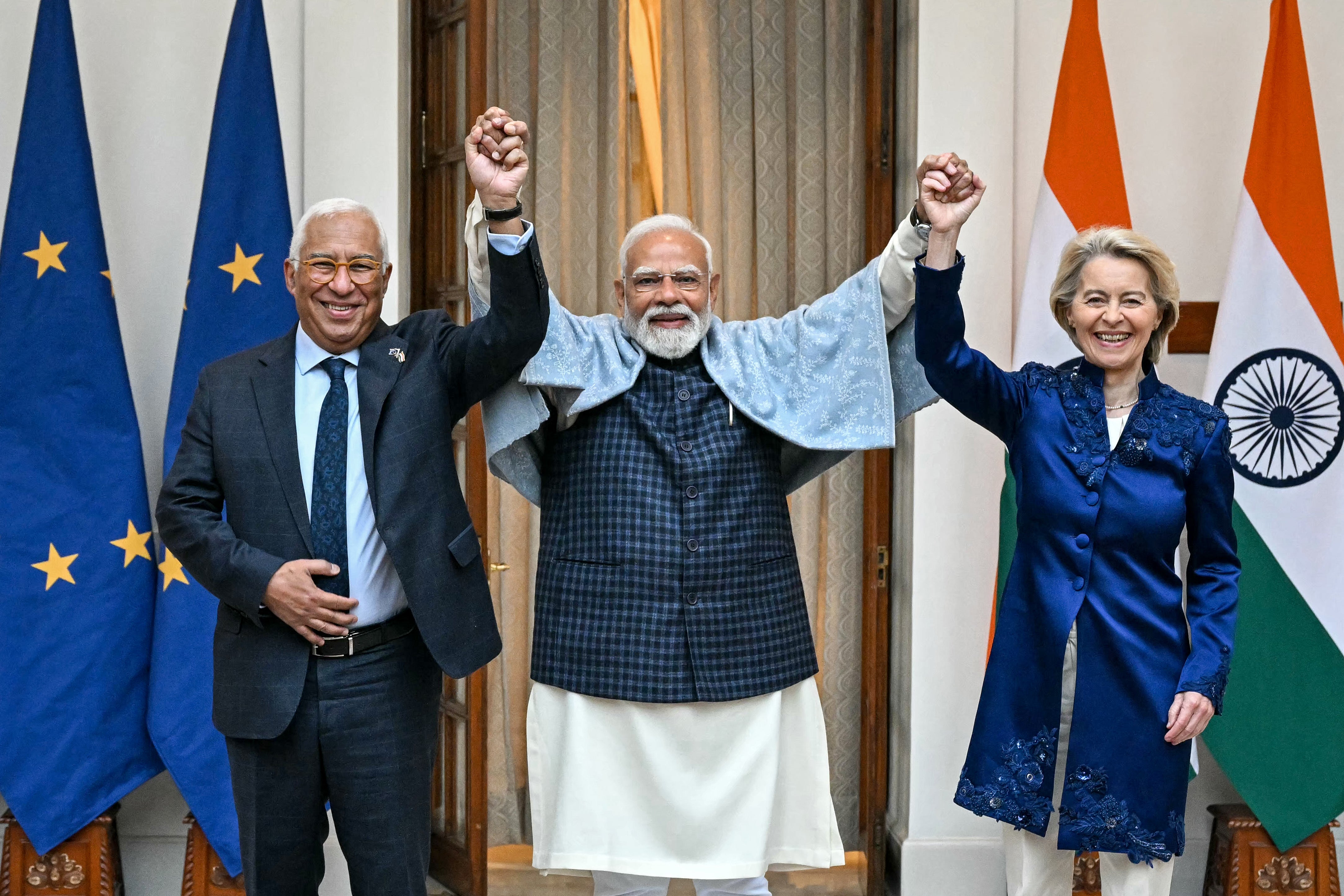 India's prime minister Narendra Modi poses for a photograph with European Commission chief Ursula von der Leyen, right, and European Council president Antonio Costa before their meeting in Delhi