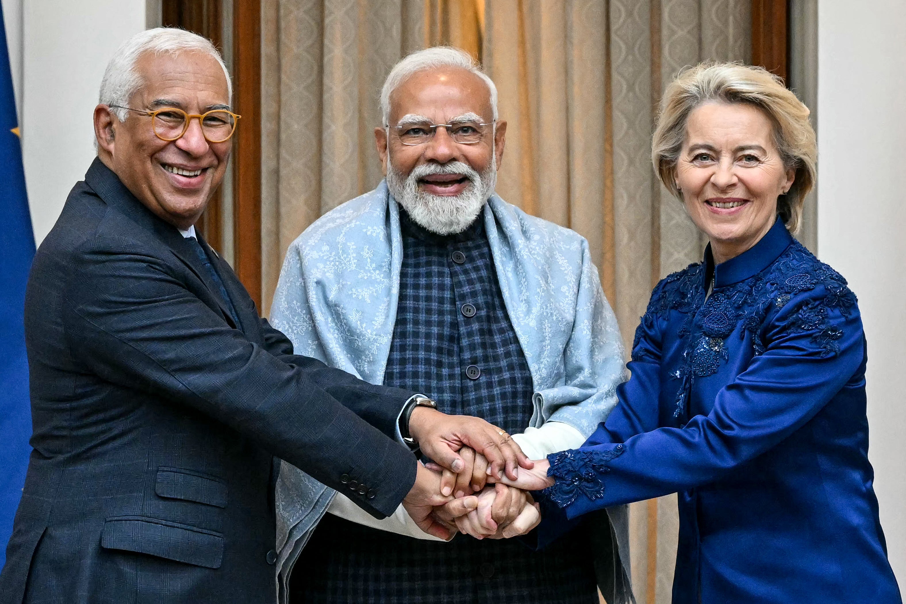 India's prime minister Narendra Modi poses for a photograph with European Commission chief Ursula von der Leyen, right, and European Council president Antonio Costa before their meeting in Delhi
