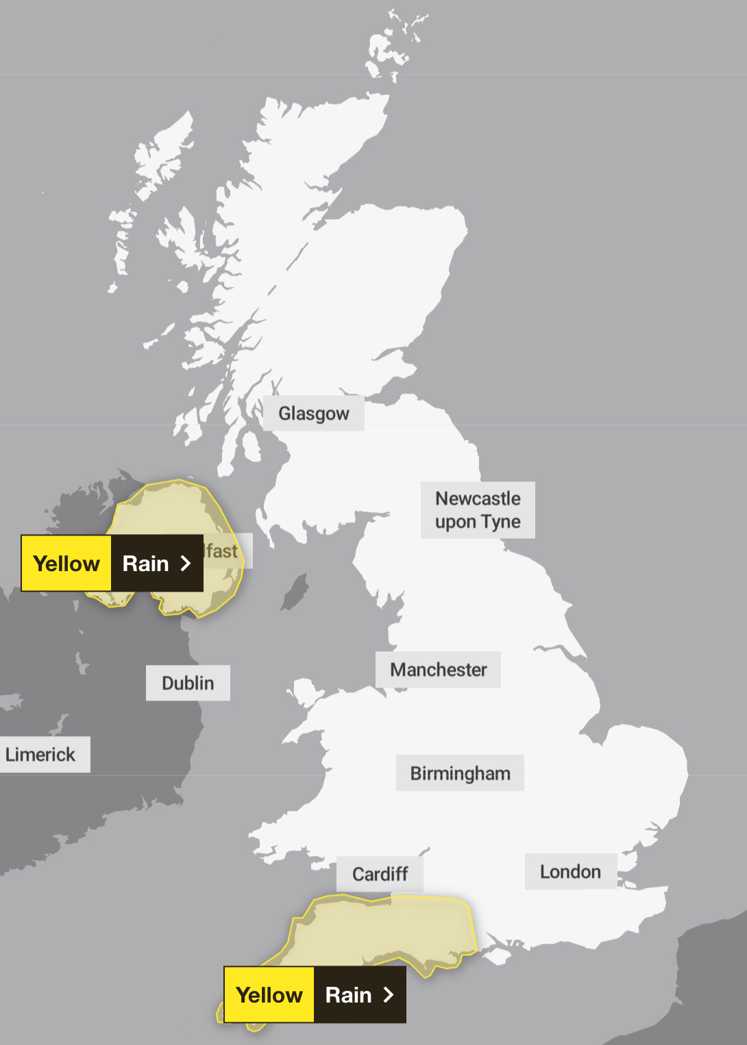 Two yellow warnings have been issued for Friday 30 January, with Northern Ireland once again covered entirely