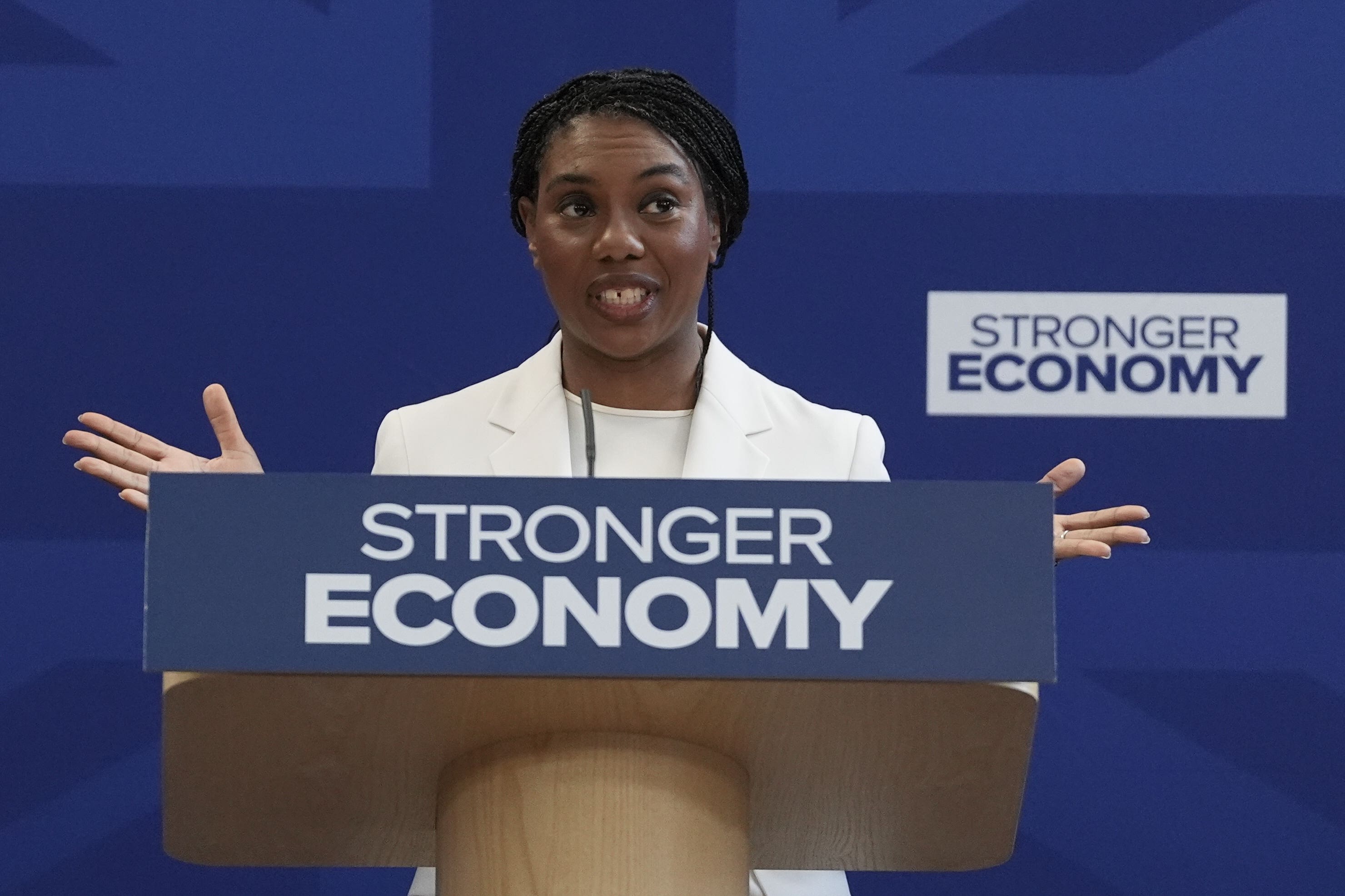 Conservative Party leader Kemi Badenoch hit out against both defectors from her party, and Tory moderates in a speech on Wednesday, and branded Labour and Reform ‘drama queens’ (Stefan Rousseau/PA)