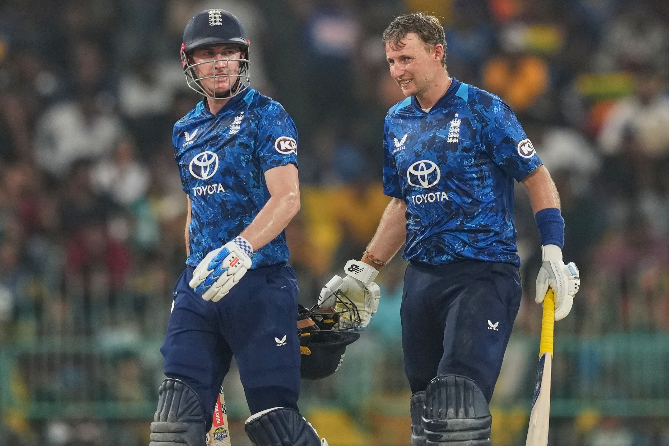 Harry Brook (left) says Joe Root (right) was not considered for England’s T20 World Cup squad (AP Photo/Eranga Jayawardena)