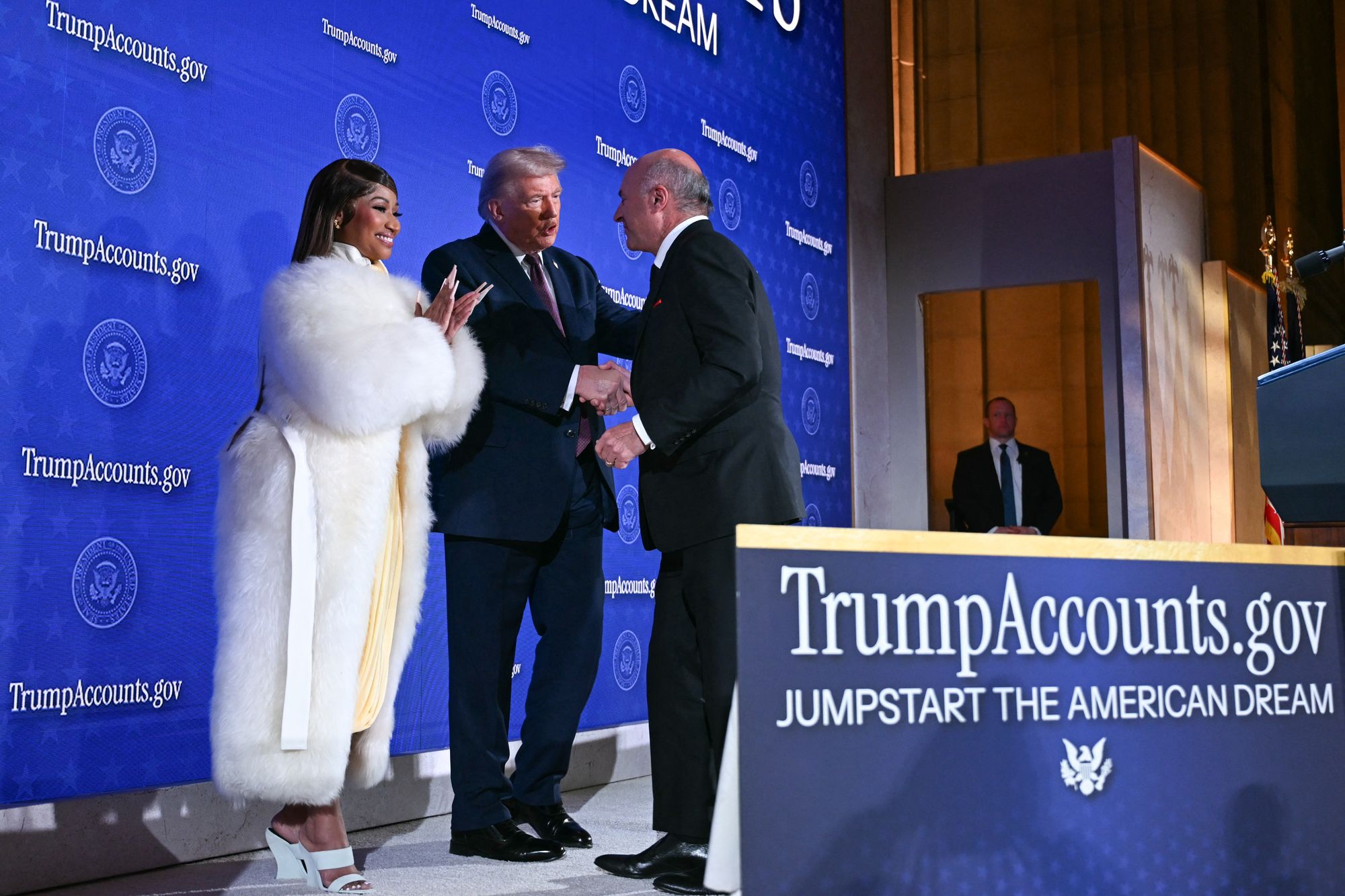 Shark Tank star Kevin O’Leary also joined Trump on stage to talk about the economy