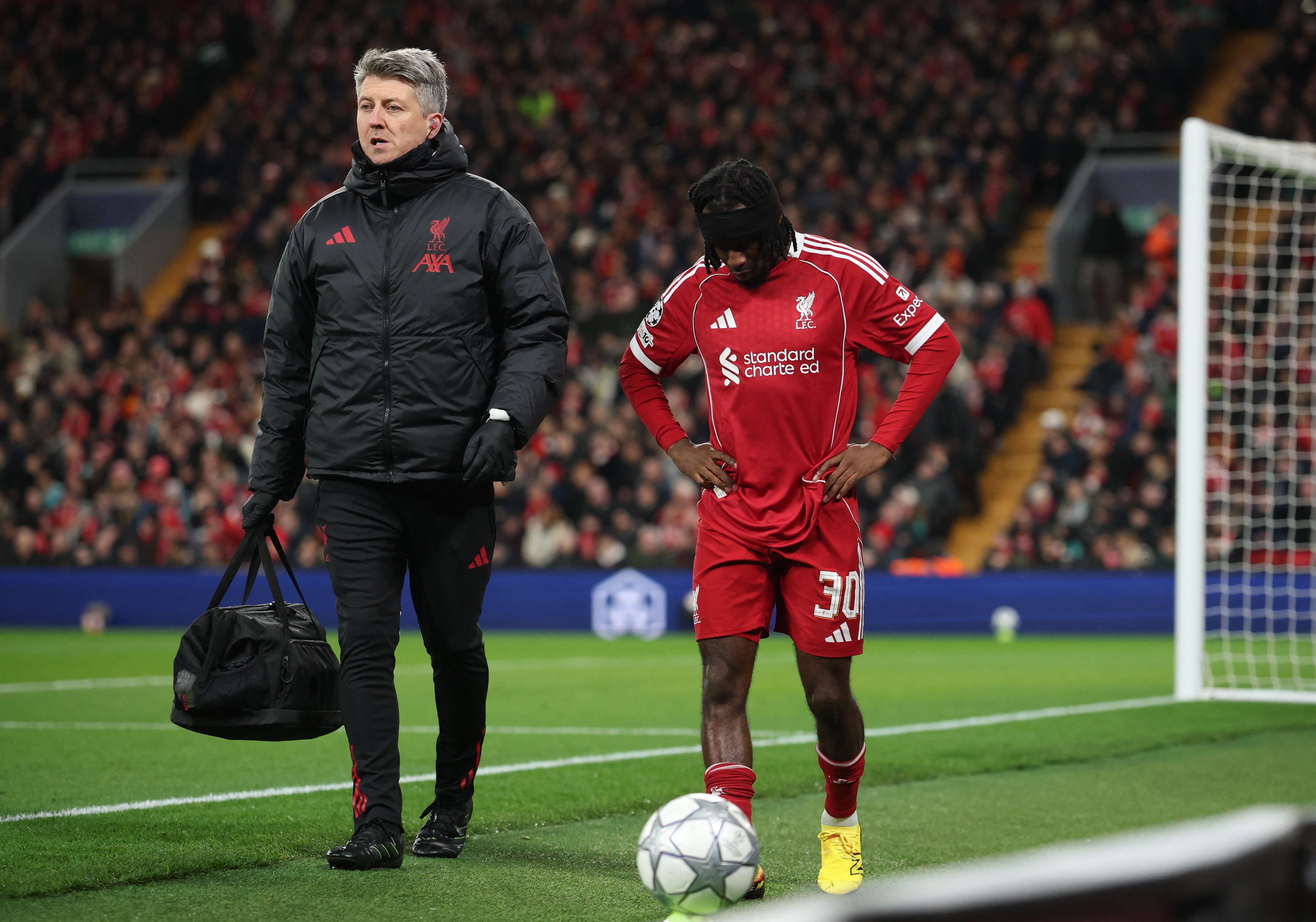 <p>Jeremie Frimpong was forced off early into Liverpool’s clash with Qarabag</p>