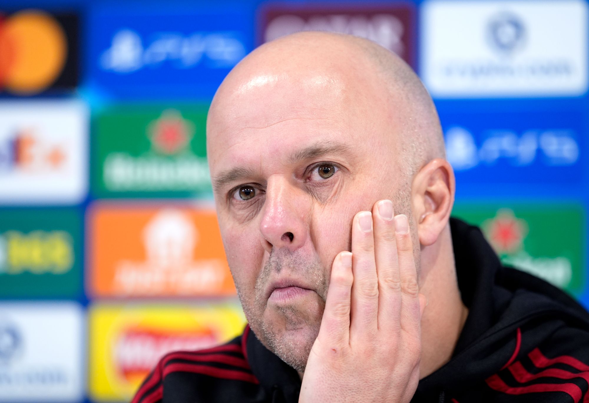 <p>Arne Slot in his Champions League pre-match press conference this week</p>