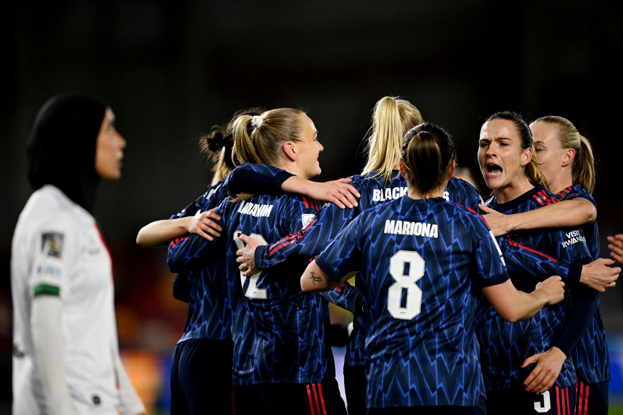 Arsenal celebrate after Stina Blackstenius opened the scoring
