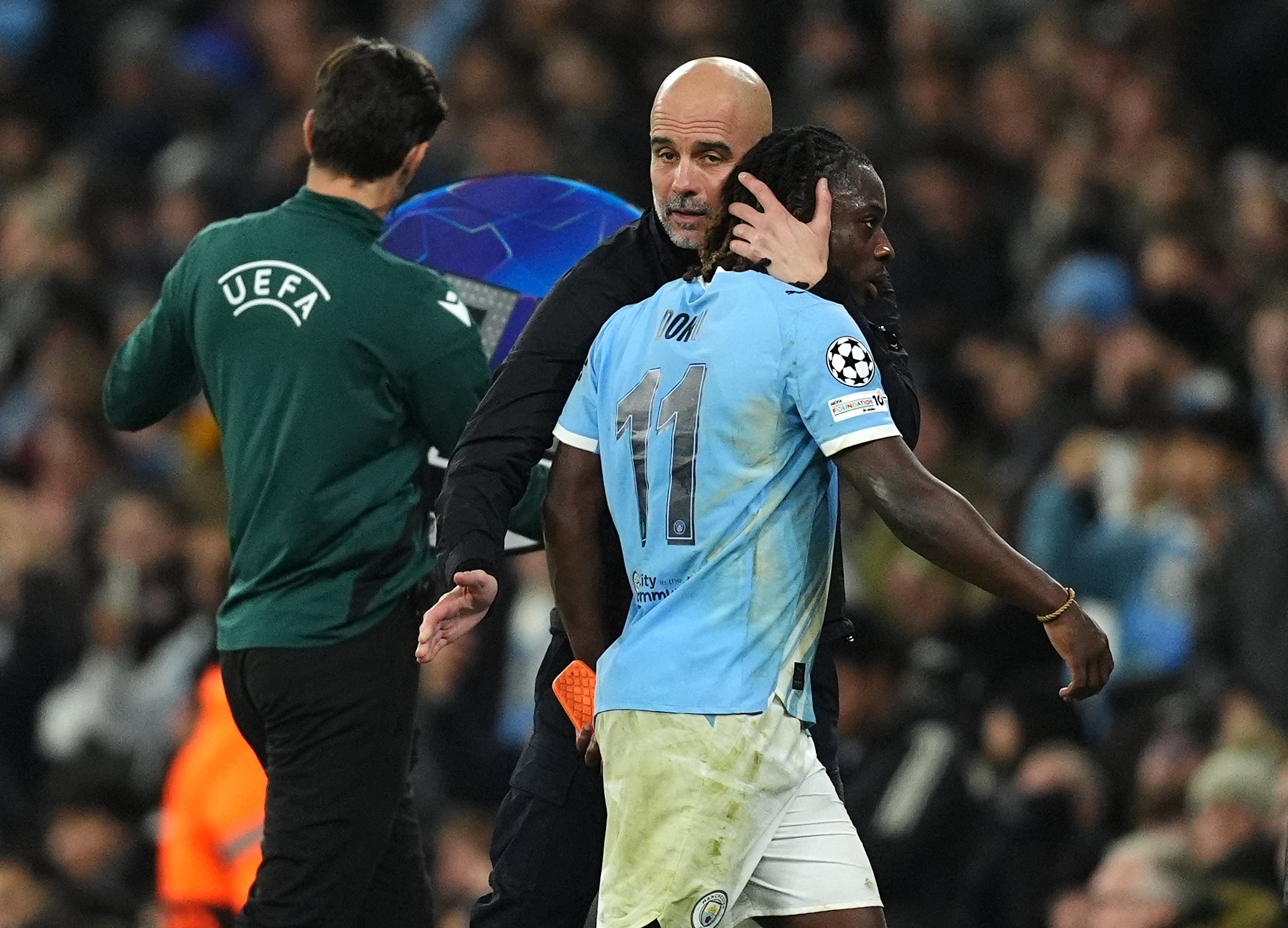 <p>Jeremy Doku supplied the assists for both Man City goals but needed to be replaced before half-time</p>
