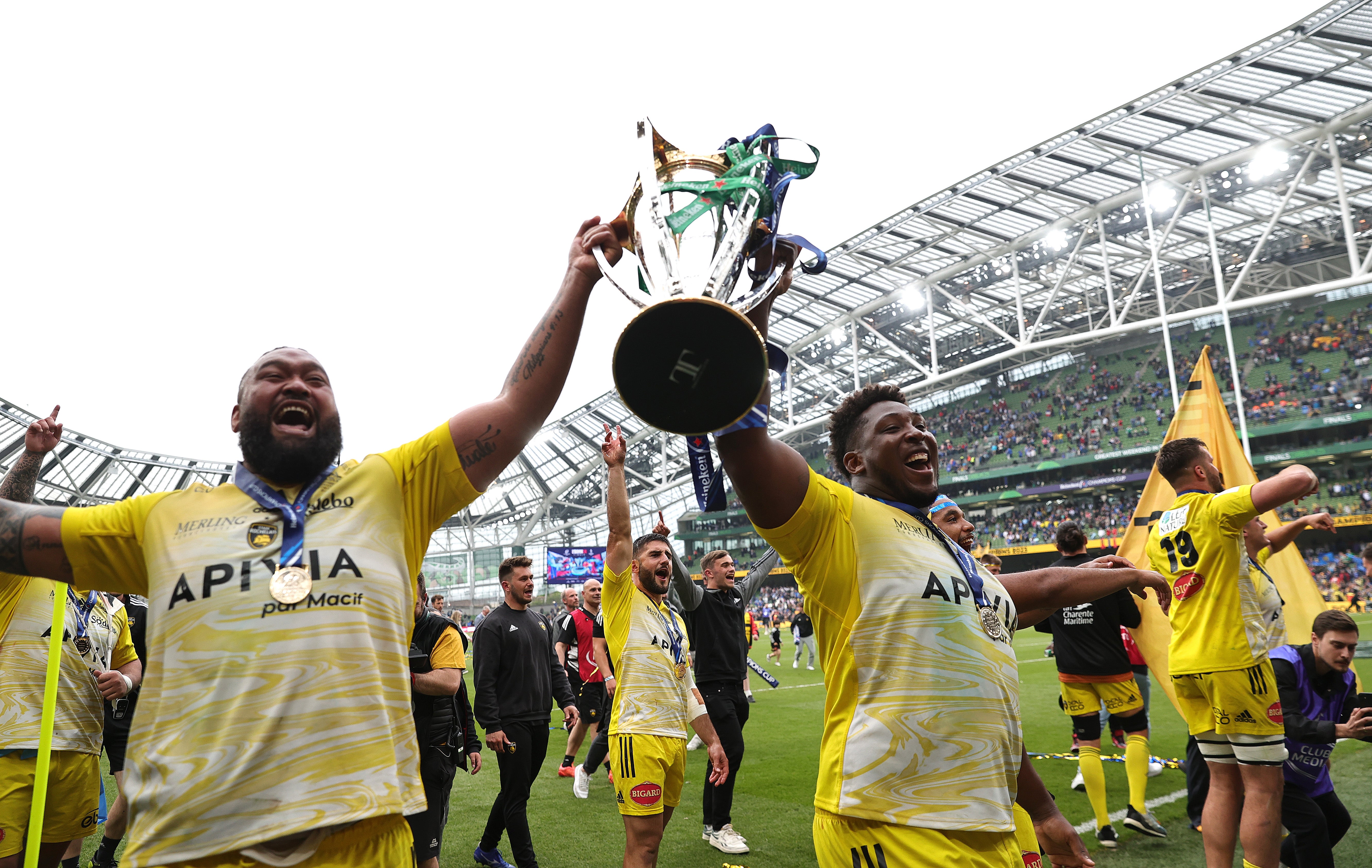 Uini Atonio (left) helped La Rochelle to back-to-back Champions Cup crowns
