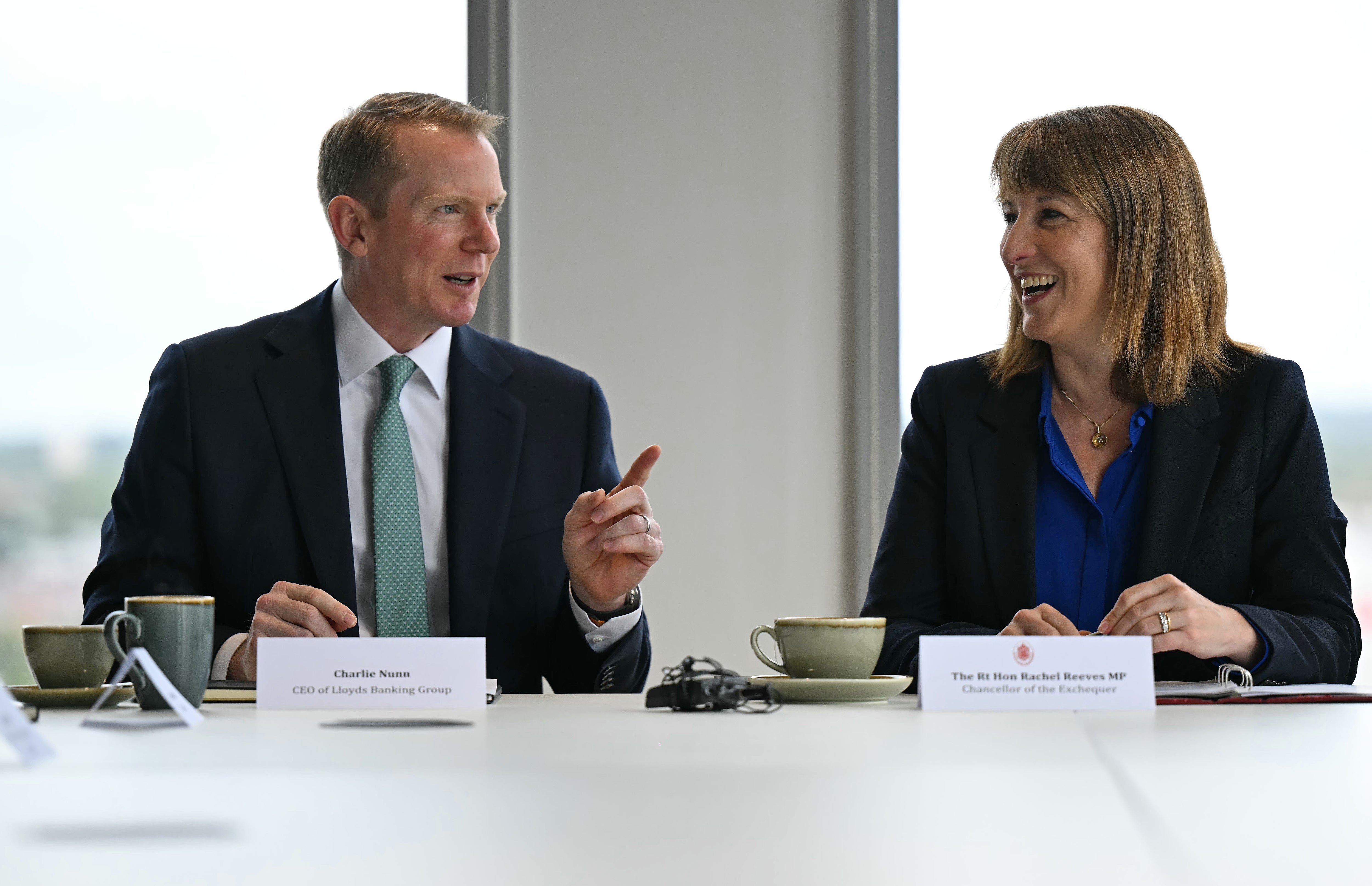 Chancellor Rachel Reeves talks with Lloyds Banking Group CEO Charlie Nunn