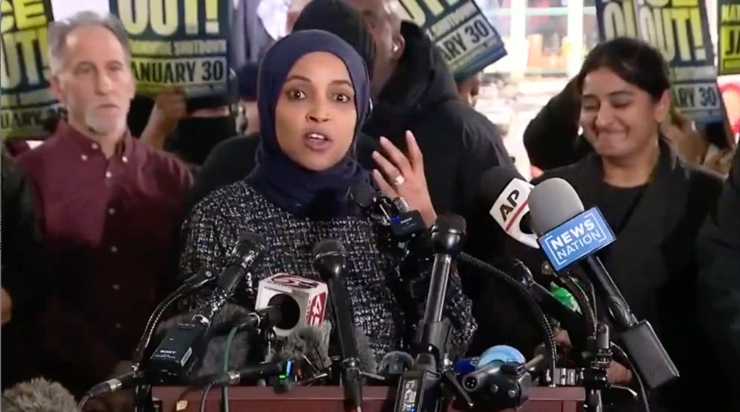 Ilhan Omar speaking during a press conference on Wednesday, the day after she was attacked while giving an anti-ICE speech in Minneapolis