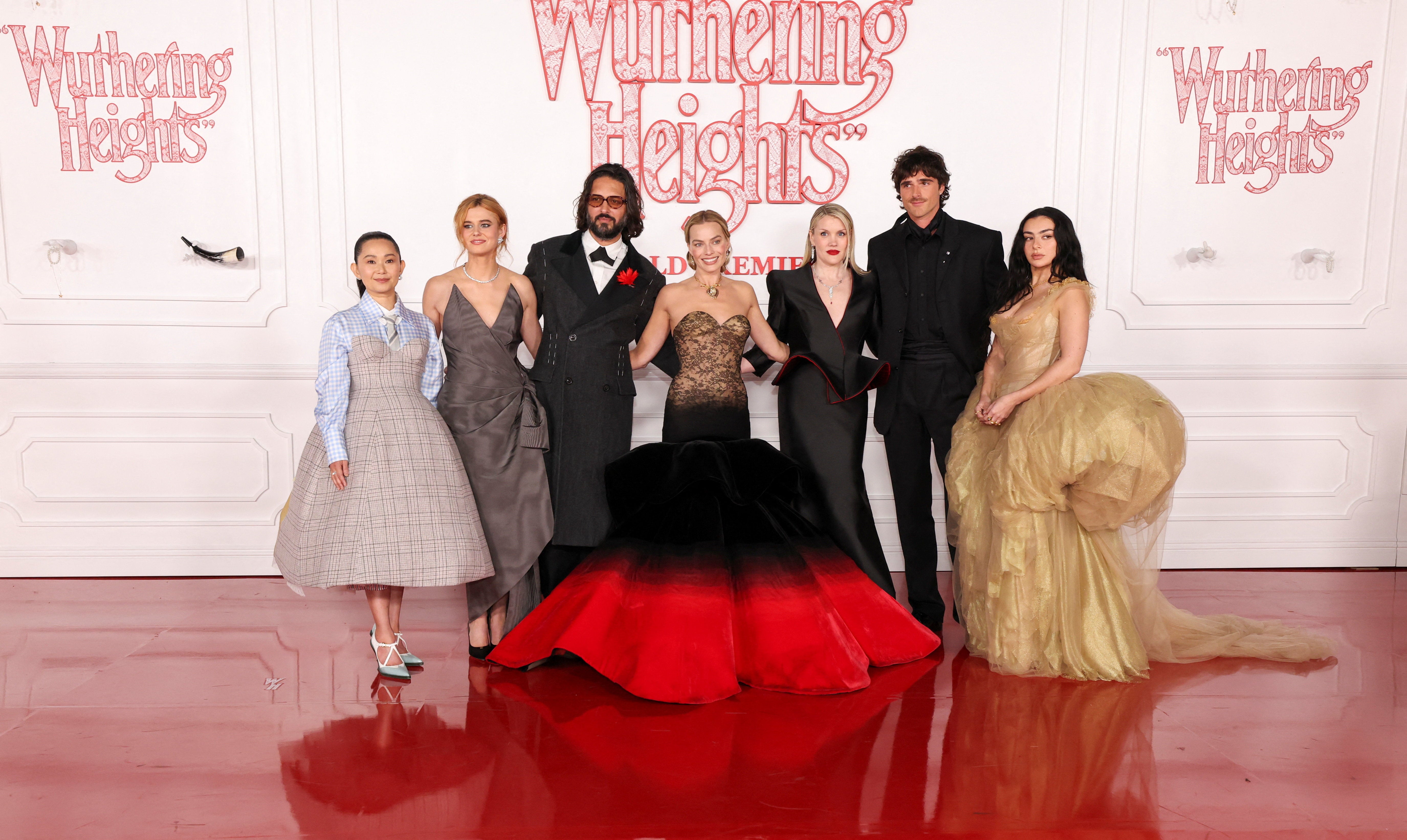 Hong Chau, Alison Oliver, Shazad Latif, Margot Robbie, Jacob Elordi, director Emerald Fennell and Charli XCX at the premiere