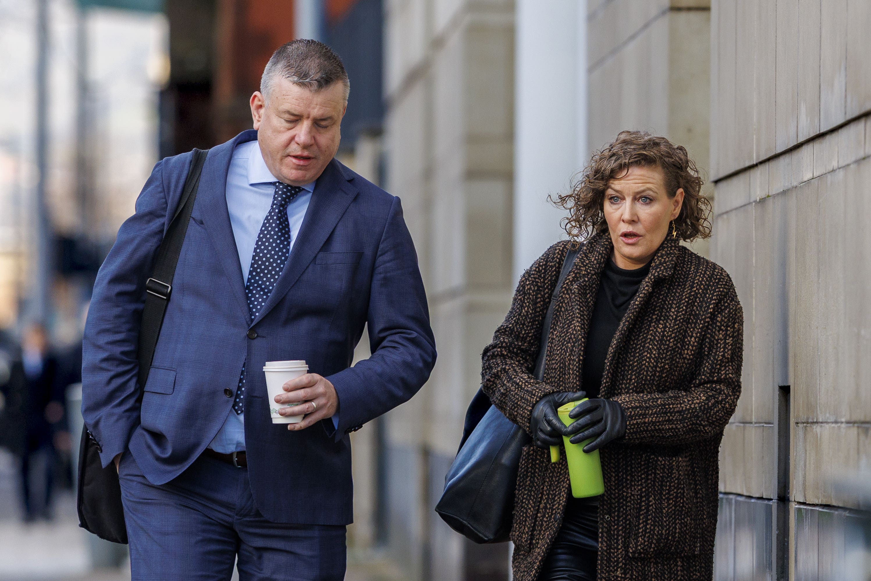 Solicitor Niall Murphy and Fiona Donohoe, the mother of 14-year-old Noah Donohoe, outside Belfast Coroner’s Court on Thursday (Liam McBurney/PA)