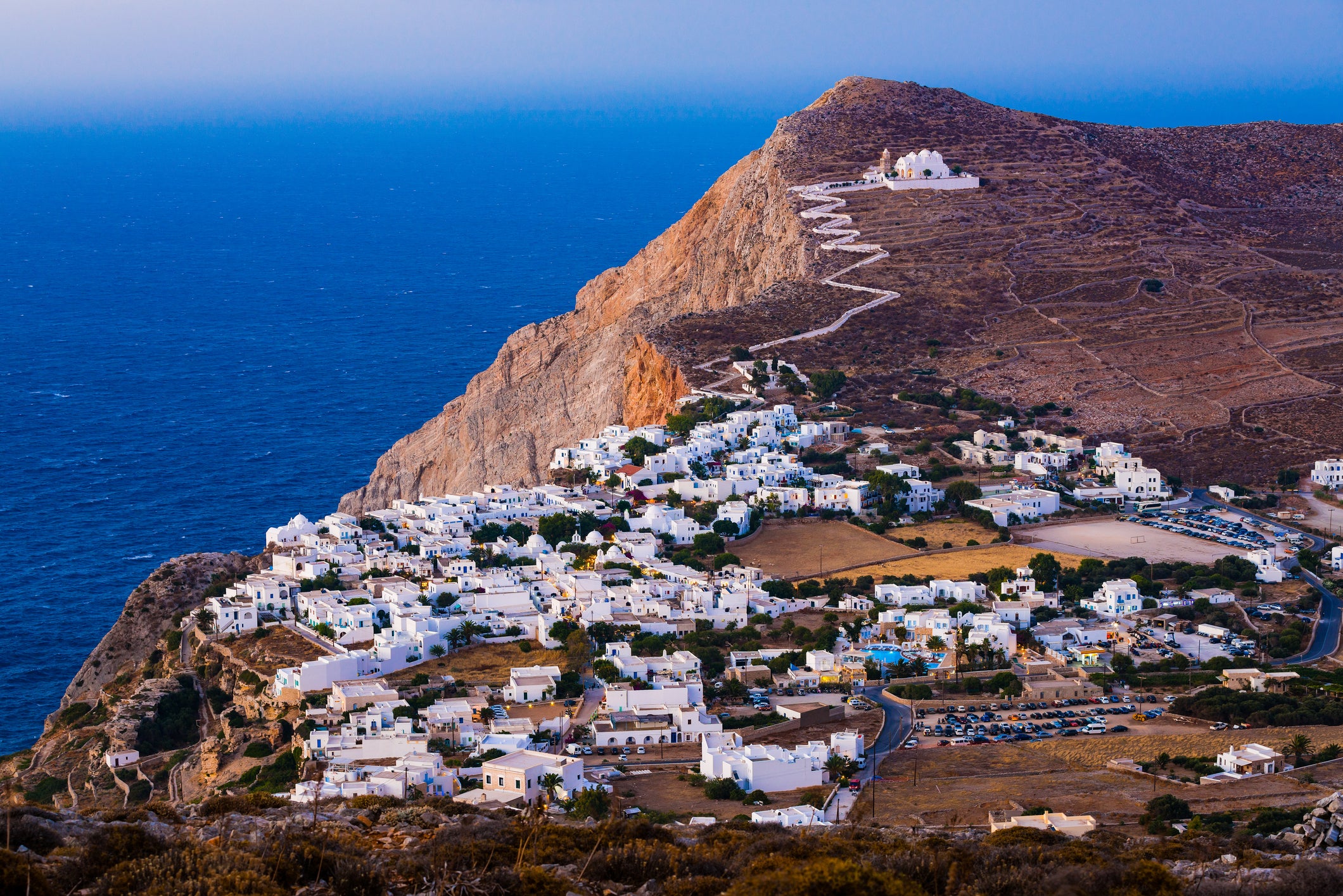 The photogenic main village of Chora on the island of Folegandros, with the Church of Panagia above