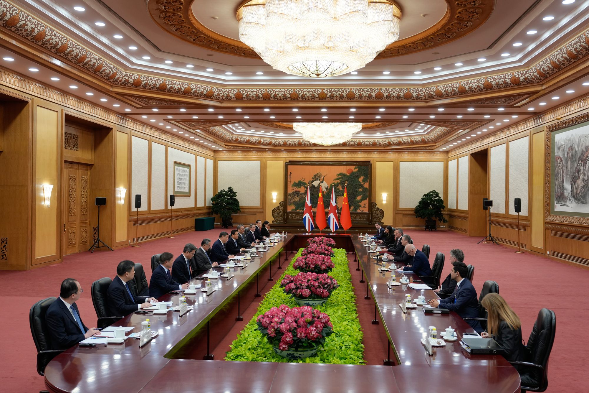 Sir Keir Starmer, at right side, during a meeting with Chinese President Xi Jinping, left side of table, at the Great Hall of the People in Beijing, China, on Thursday