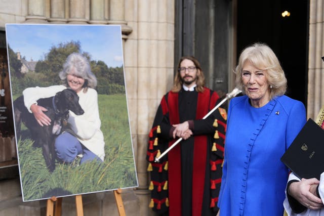Queen Camilla ahead of a service of thanksgiving for Dame Jilly Cooper at Southwark Cathedral, London (Aaron Chown/PA)