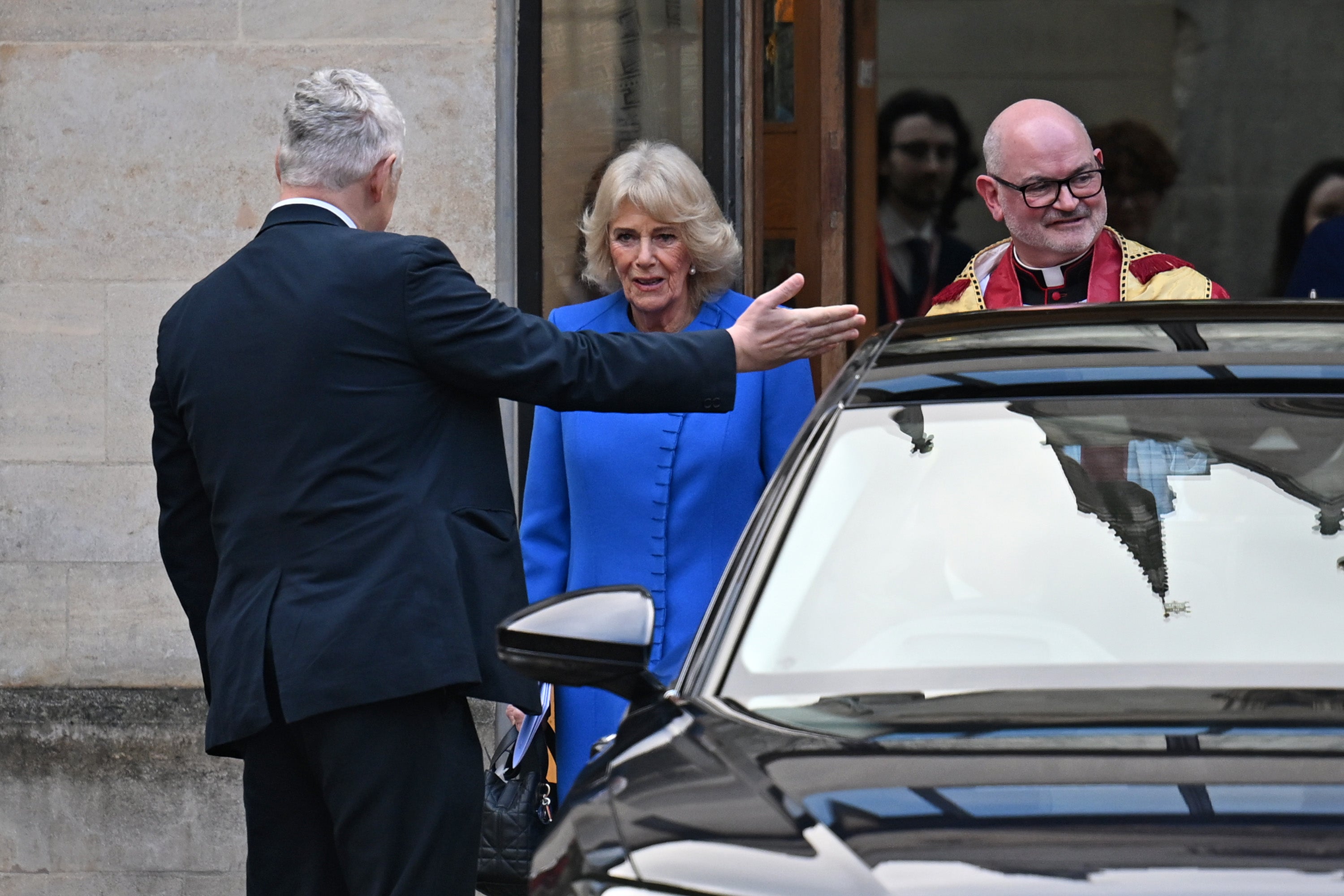 Queen Camilla leaving Dame Jilly Cooper's memorial in Southwark Cathedral