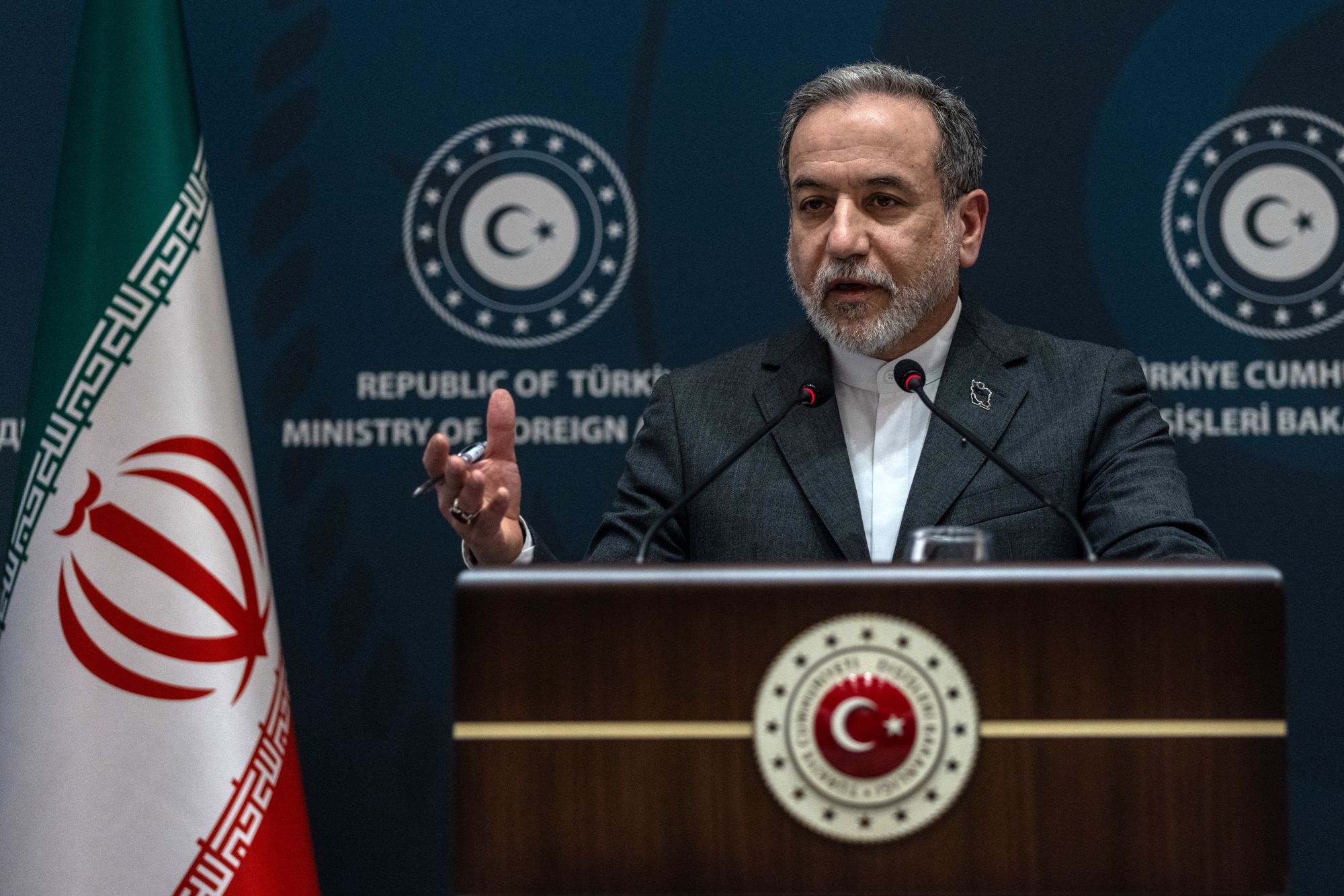 Iranian foreign minister Abbas Araghchi gives a statement at the Ritz Hotel as he meets Turkey's foreign minister Hakan Fidan in Istanbul
