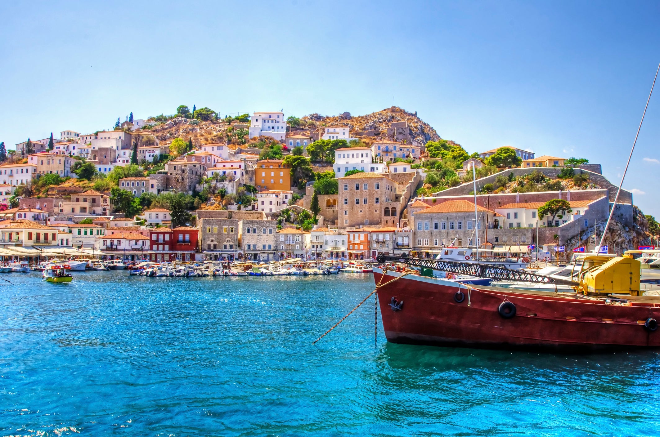 The picturesque harbour on Hydra in Greece