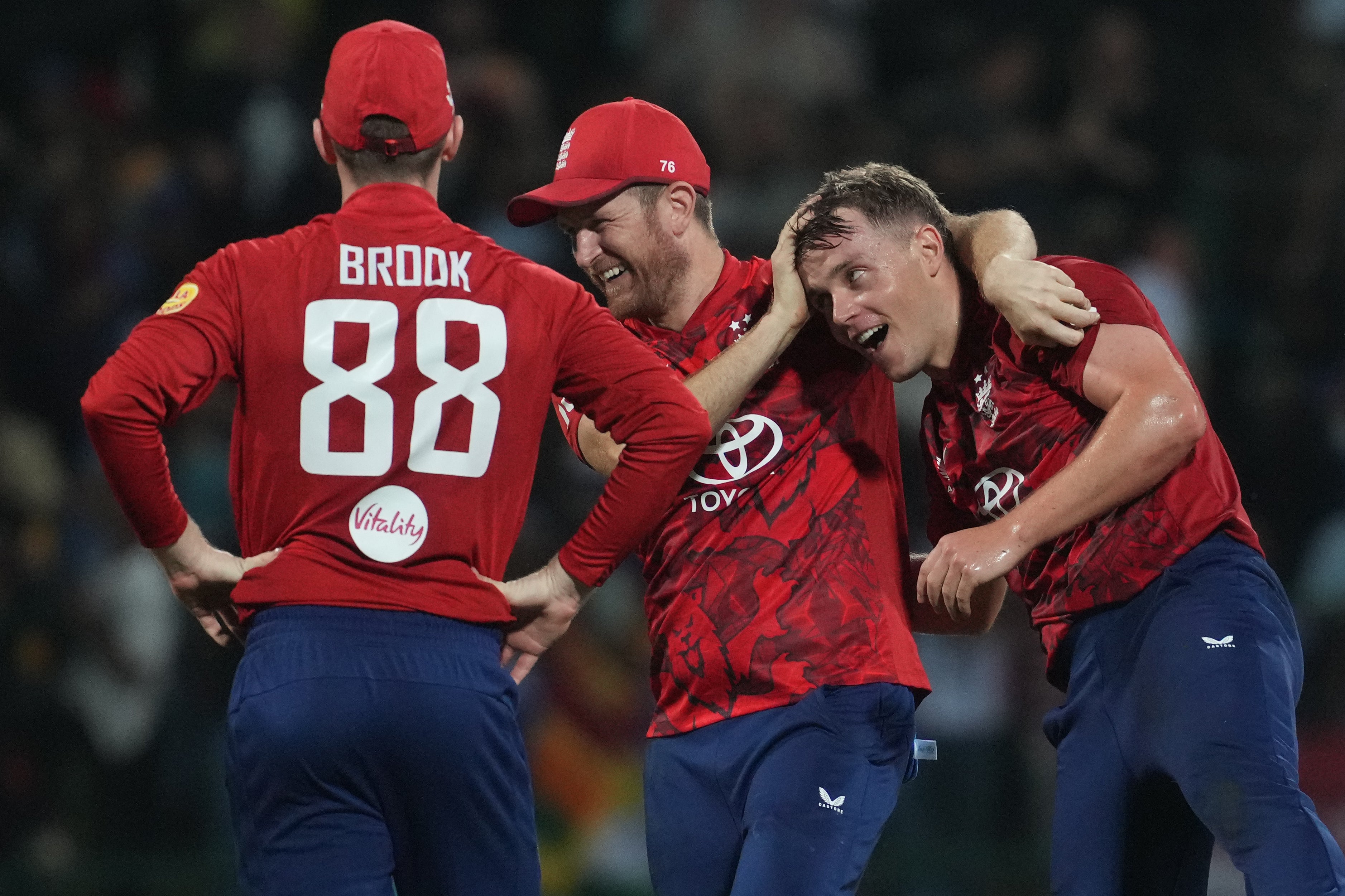 Sam Curran (R) of England celebrates his Hat-trick wicket after dismiss Matheesha Pathirana