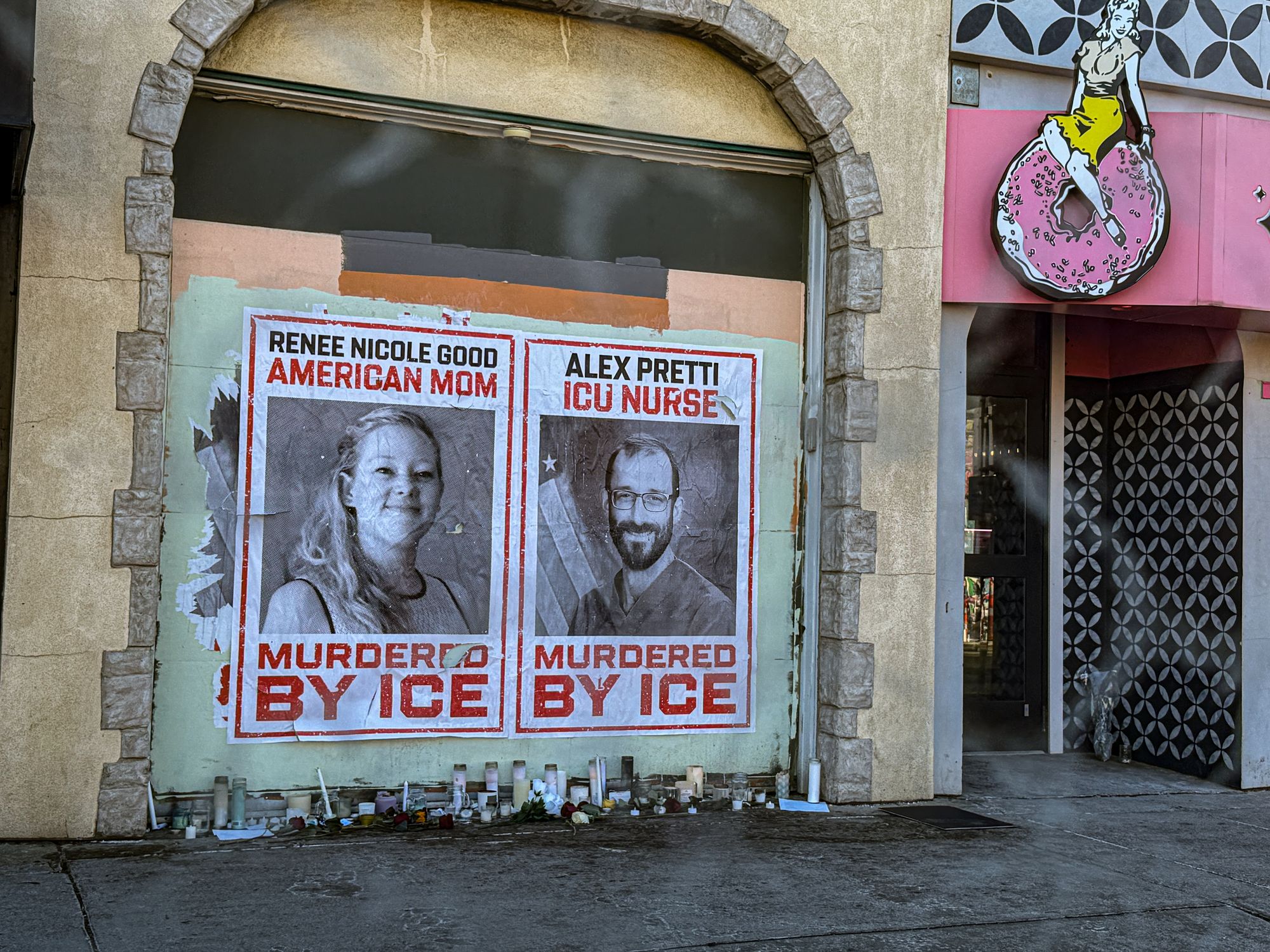 Memorials to Renee Good and Alex Pretti, shot dead by ICE agents this month, at the site of Pretti’s shooting