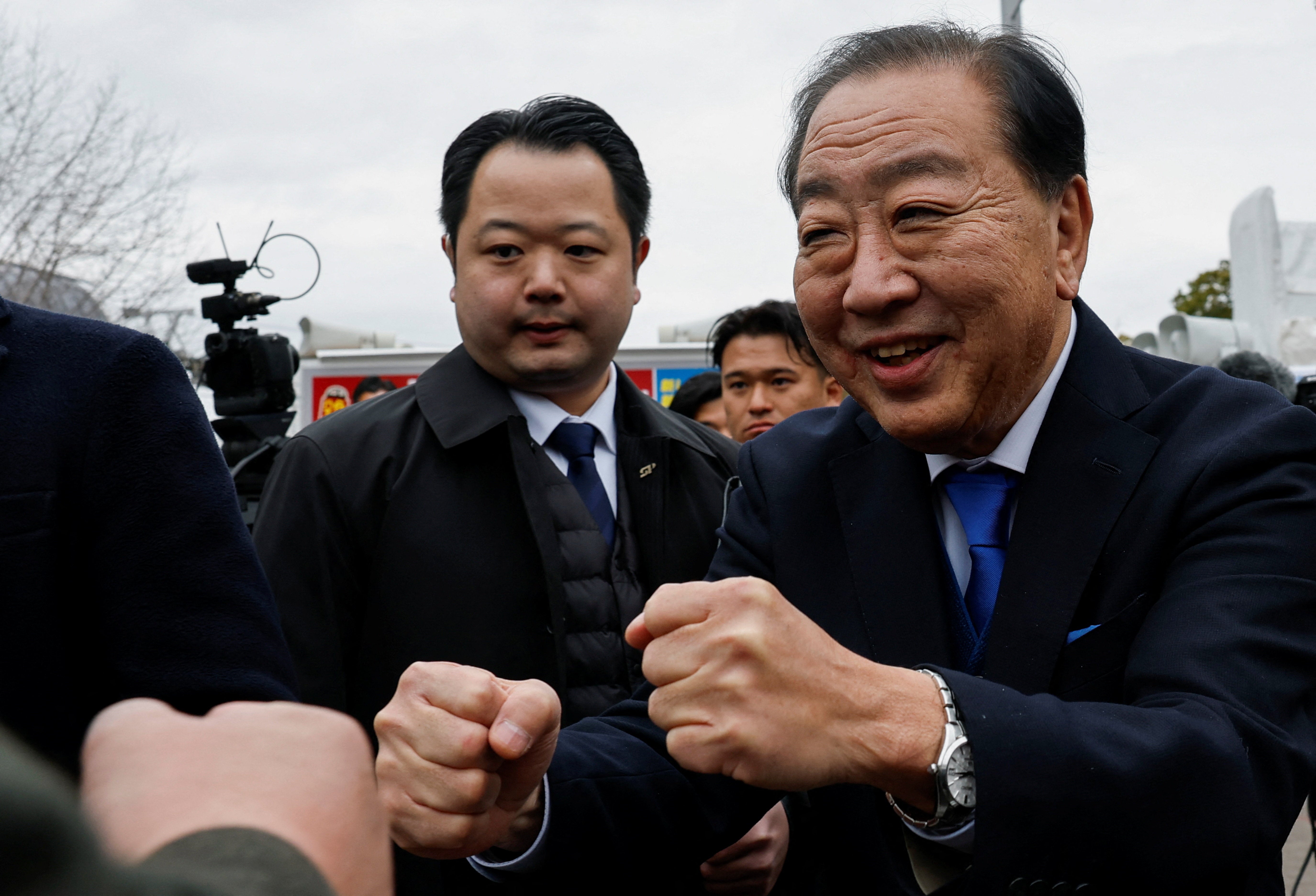 Yoshihiko Noda of Centrist Reform Alliance greets supporters at an election campaign rally in Yokohama on 28 January 2026