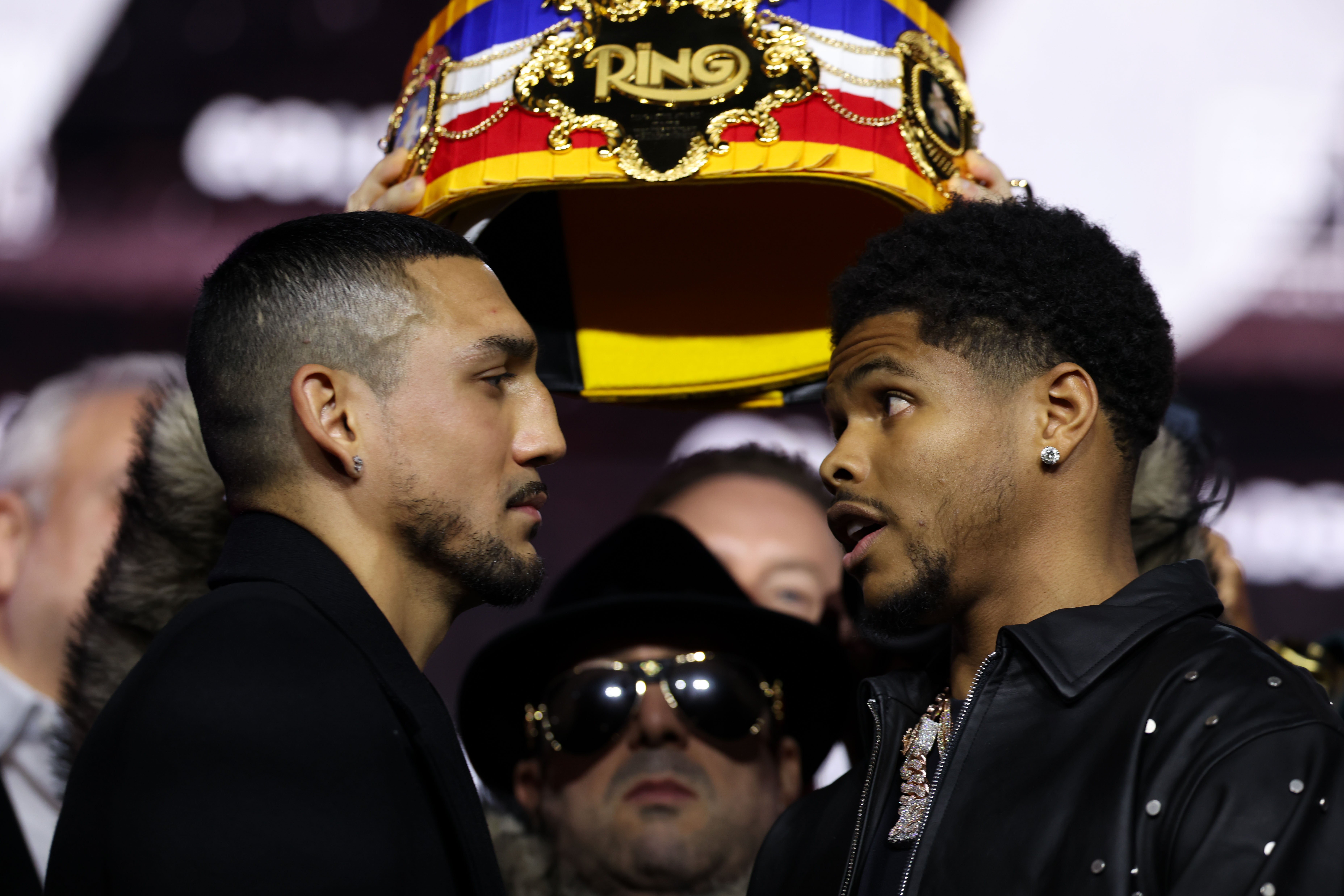 <p>Shakur Stevenson (right) facing off with Teofimo Lopez</p>