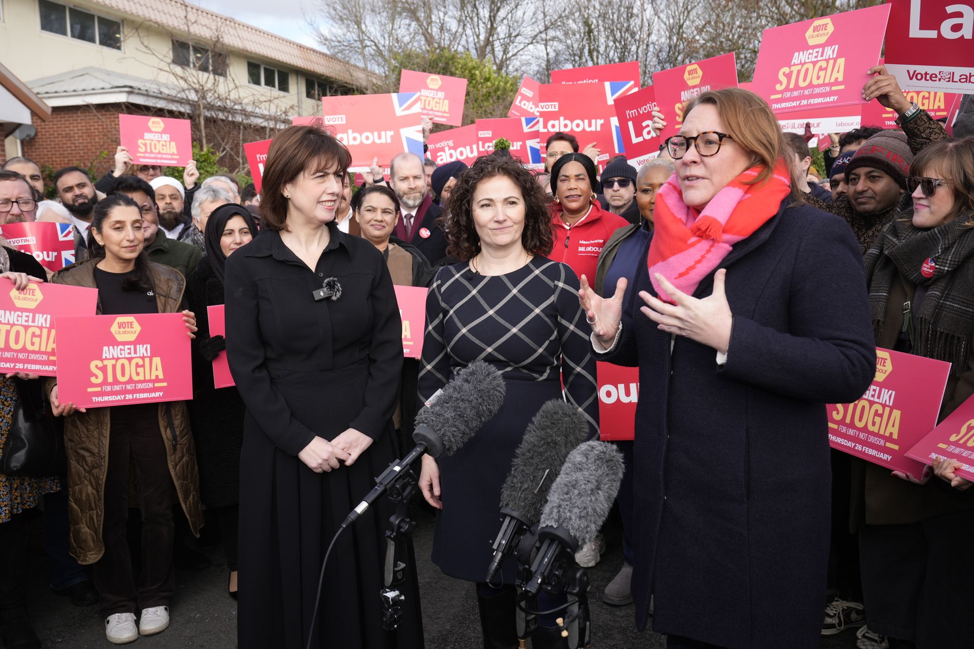 Lucy Powell (left) and Anna Turley, chair of the Labour Party (right) announce that Angeliki Stogia (centre) is the party's candidate for the Gorton and Denton by-election